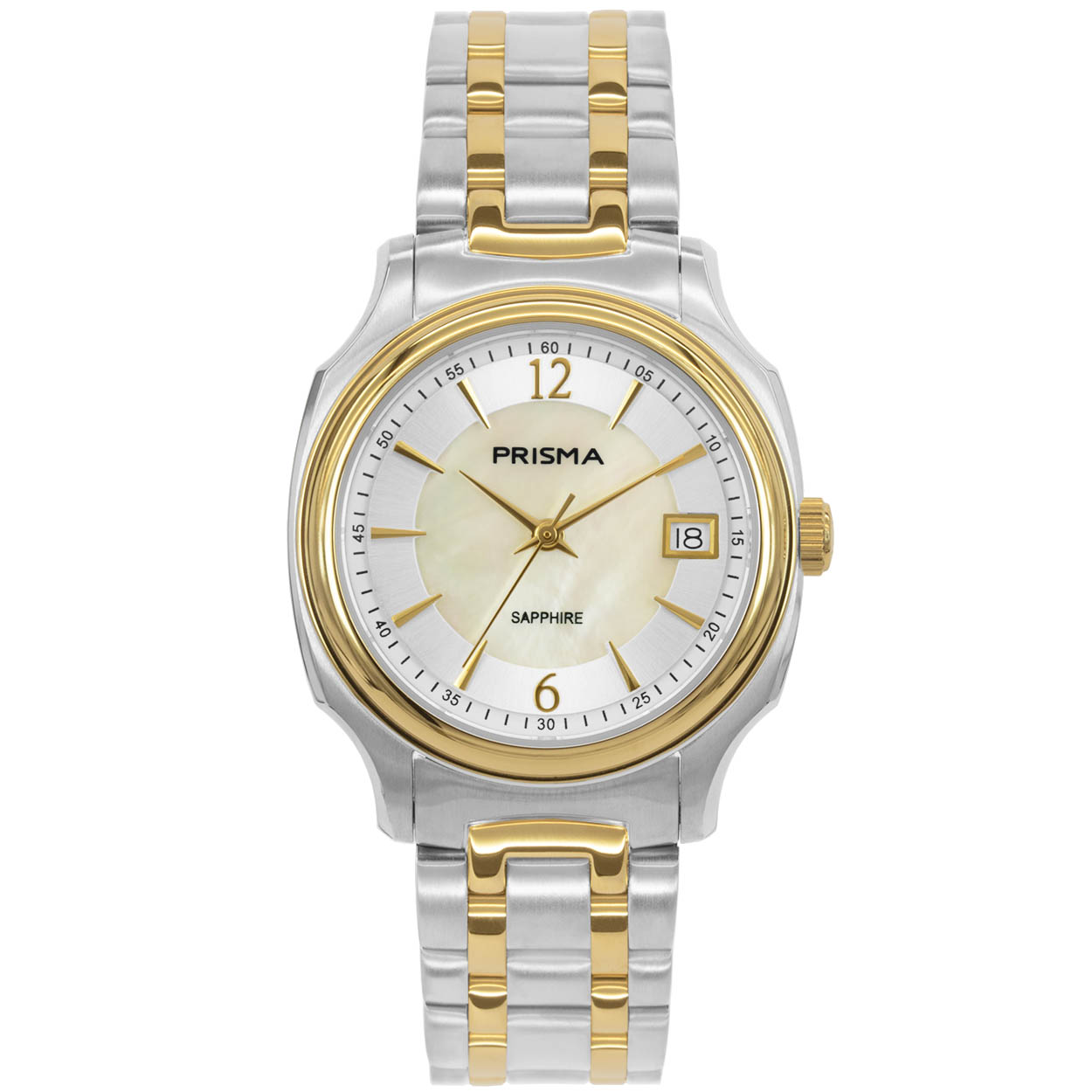 Prisma horloge 1136 dames edelstaal saffierglas 5 ATM (met zwitsers uurwerk) 

Algemeen
Geslacht: dames
Model: P.1136

Voordelen
- band edelstaal zilver/goudkleurig (bicolor)
- wijzerplaat parelmoer met goudkleurige streepjes
- glas is zeer krasvast
- zwitsers uurwerk
- handige onzichtbare klep sluiting
- datum
- spat waterdicht: handenwassen, regen
- quartz
- maat kast 33mm (breedte) 8mm (dikte)