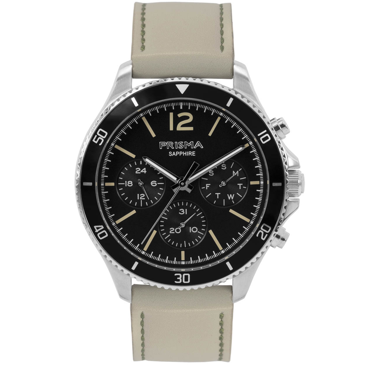Prisma horloge 1320 heren multifunctie edelstaal saffierglas 5 ATM 

Algemeen
Geslacht: heren
Model: P.1320

Voordelen
- band echt leer creme (groen kleurig stiksel)
- multi-functie
- wijzerplaat zwart met beige streepjes
- glas is zeer krasvast
- ook voor brede pols (max. 231 mm)
- 24 uurs aanduiding
- datum wijzer
- quartz
- maat kast 42mm (breedte) 11,5mm (dikte)