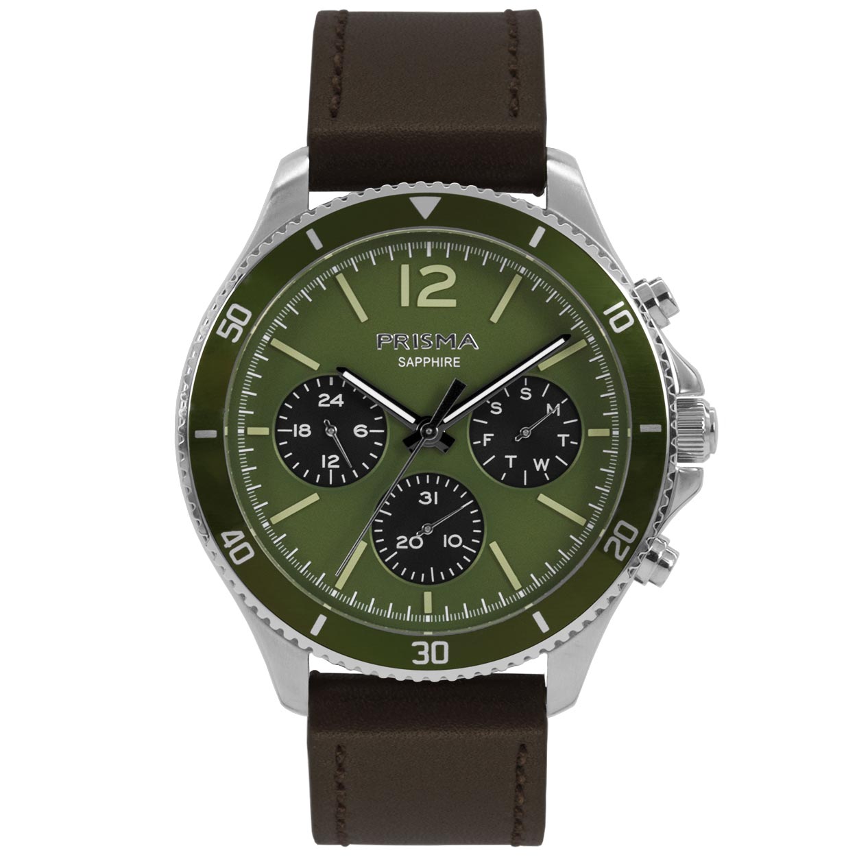 Prisma horloge 1321 heren multifunctie edelstaal saffierglas 5 ATM 

Algemeen
Geslacht: heren
Model: P.1321

Voordelen
- band echt leer bruin (bruin kleurig stiksel)
- multi-functie
- wijzerplaat groen met groene streepjes
- glas is zeer krasvast
- ook voor brede pols (max. 231 mm)
- 24 uurs aanduiding
- datum wijzer
- quartz
- maat kast 42mm (breedte) 11,5mm (dikte)
