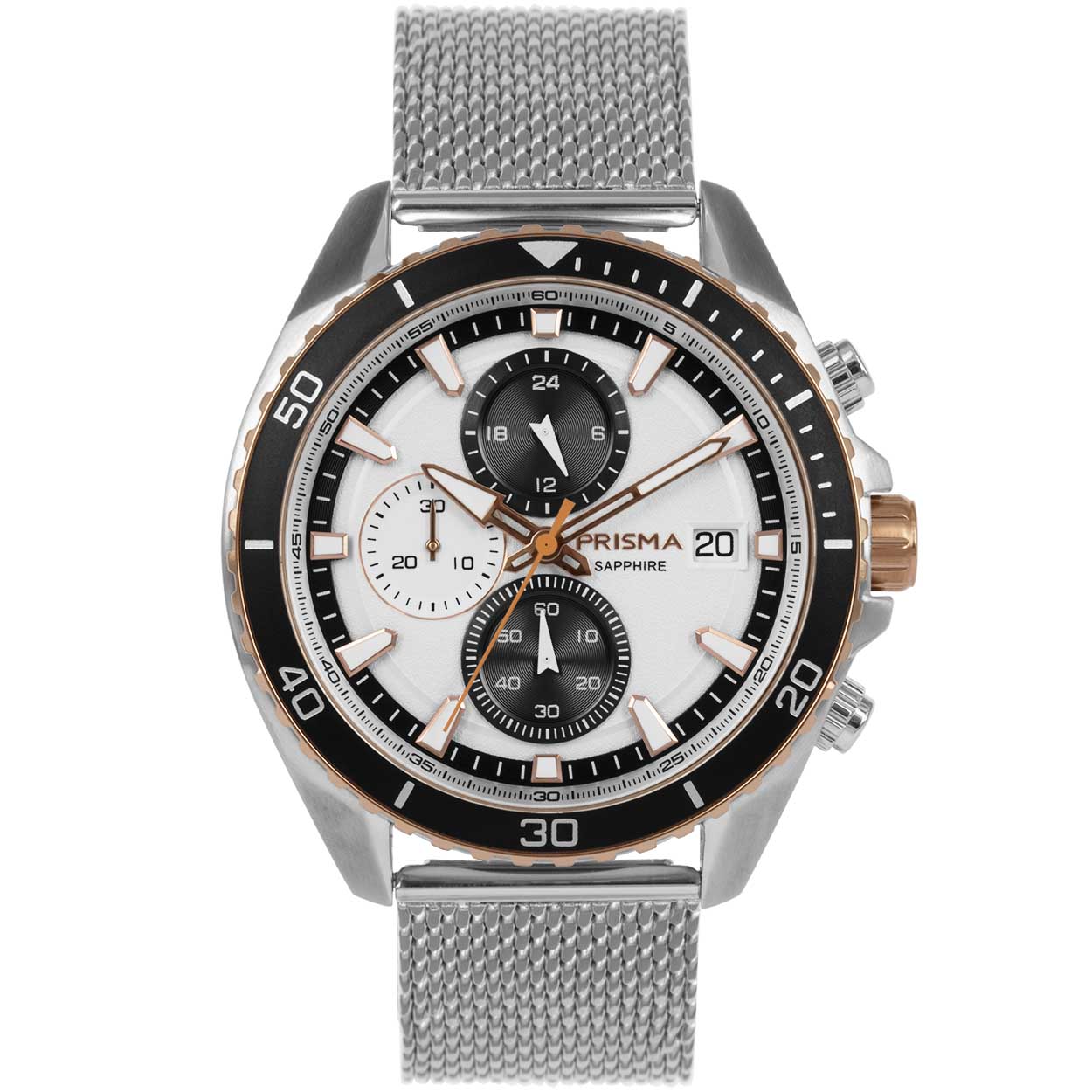 Algemeen
Geslacht: heren
Model: P.1327

Voordelen
- milanese band met verfijnde schakels
- band edelstaal zilver
- chronograaf/stopwatch
- wijzerplaat wit met rose gouden streepjes
- boven gem. waterdicht: zwemmen/duiken
- glas is zeer krasvast
- naadloze aansluiting door vrij verstelbare sluiting
- quartz
- maat kast 45mm (breedte) 11,7mm (dikte)



