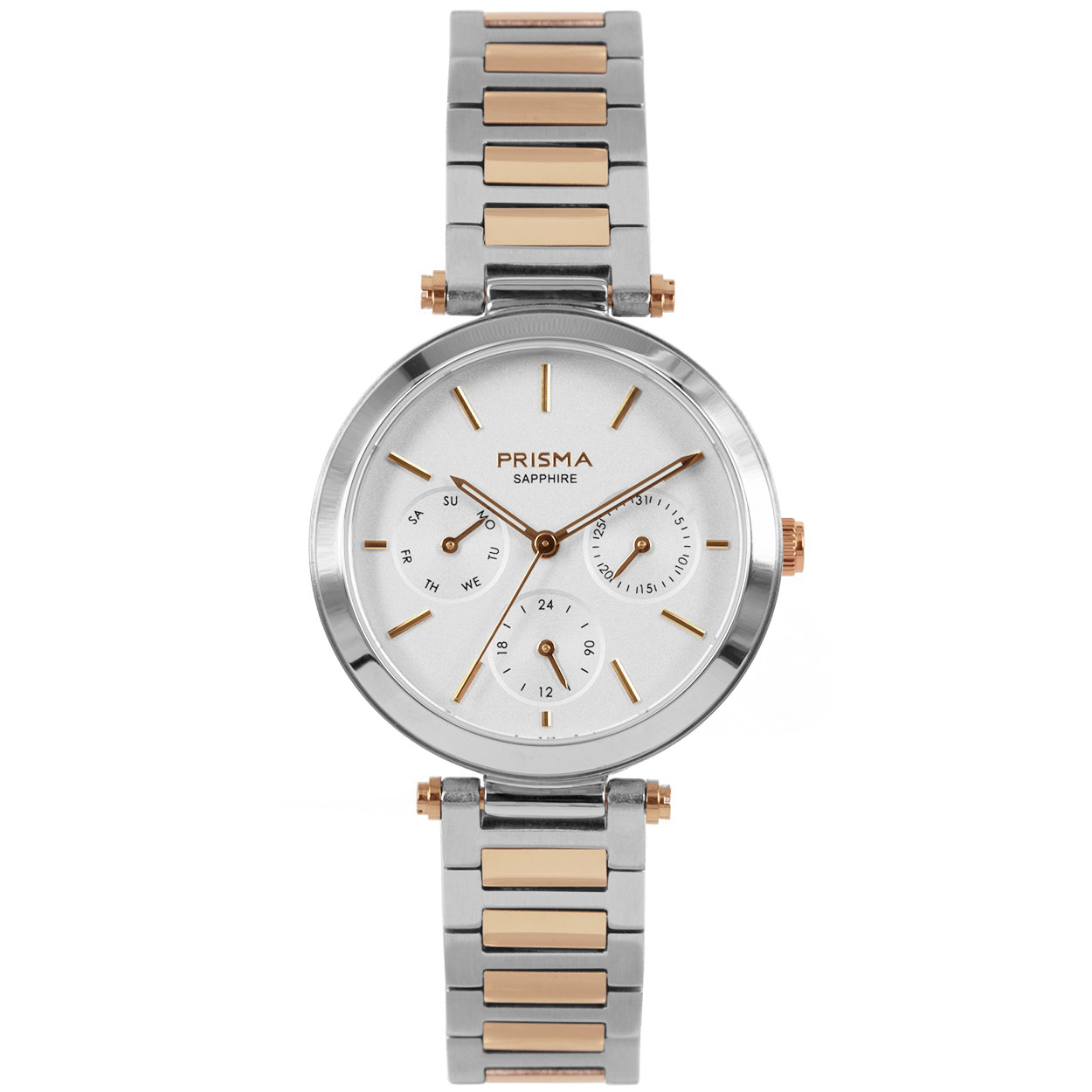 Algemeen
Geslacht: dames
Model: P.1341

Voordelen
- band edelstaal zilver/rose goud (bicolor)
- multi-functie
- wijzerplaat wit met rose gouden streepjes
- glas is zeer krasvast
- compacte sluiting met extra draagcomfort
- 24 uurs aanduiding
- dagwijzer
- quartz
- maat kast 32,04mm (breedte) 7,8mm (dikte)



