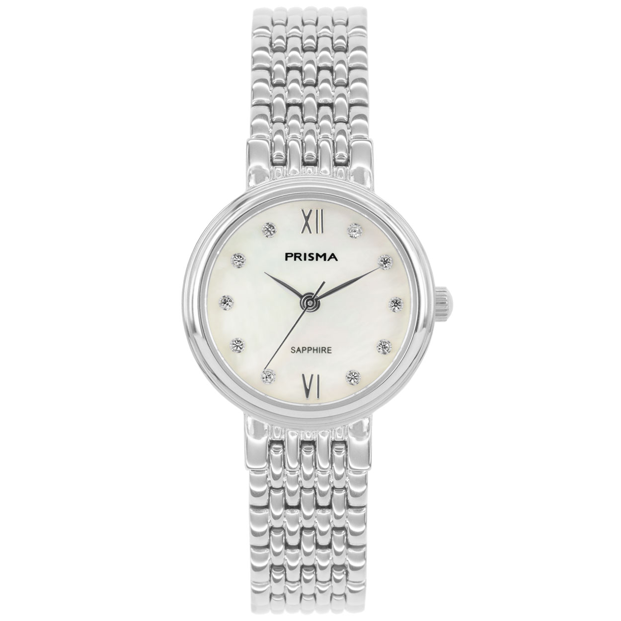 Prisma horloge 1990 dames edelstaal saffierglas 5 ATM 

Algemeen
Geslacht: dames
Model: P.1990

Voordelen
- band edelstaal zilver
- wijzerplaat parelmoer met sier diamanten
- glas is zeer krasvast
- compacte sluiting met extra draagcomfort- spat waterdicht: handenwassen, regen
- quartz
- maat kast 25mm (breedte) 6,8mm (dikte)

