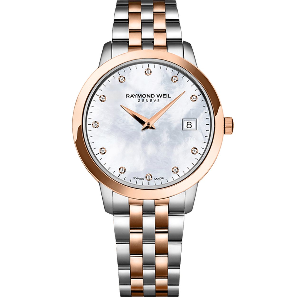 TOCCATA dames quartz horloge met witte parelmoer diamanten wijzerplaat met 11 diamanten. 29 mm roestvrij staal zilver / rose. 5388-SP5-97081