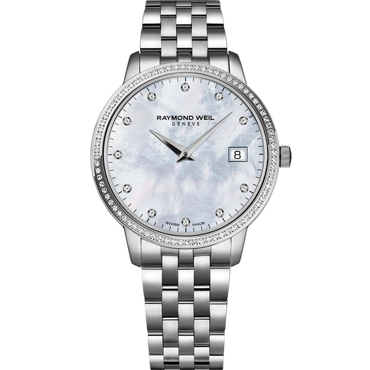RAYMOND WEILL TOCCATA 5388-STS-97081. Dit roestvrijstalen quartzhorloge van 34 mm is volledig gemaakt van staal en is versierd met 80 enkelgeslepen diamanten. Het heeft een witte parelmoeren wijzerplaat versierd met 11 fonkelende diamanten als uurmarkeringen en beschikt over een datumvenster op 3 uur. Tijdloos en elegant: deze toccata bewijst dat schoonheid niet altijd vergankelijk is.