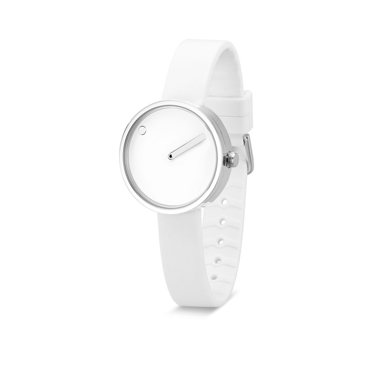 Een stalen horloge met wit siliconen band.