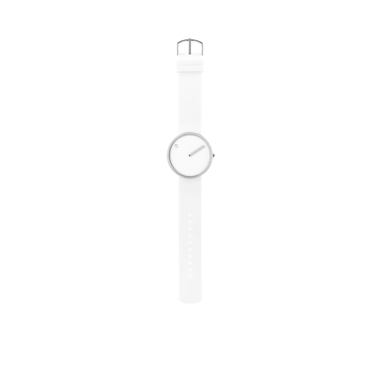 Picto 43364
Dit zilverkleurige Picto horloge met witte wijzerplaat heeft een minimalistisch en strak Scandinavisch design. De band van het horloge is van siliconen.

HET MERK
Steen Georg Christensen ontwikkelde samen met Erling Andersen een idee: ze wilden het eerste horloge cre�ren met een roterende wijzerplaat, ge�nspireerd op de middeleeuwse kerkklok. Een stip op de wijzerplaat geeft het uur aan en een wijzer de minuten. Het horloge genaamd �Picto� is vernoemd naar de Picten, een  Keltische stam die bekend stonden om hun gebruik van tatoeages en body paintings. Na de lancering in 1984, werd Picto al snel een sensatie in de internationale design scene. Picto is het merk voor liefhebbers van origineel design.

SPECIFICATIES
- Roterende witte wijzerplaat
- Zilverkleurige stalen horlogekast 
- Zilverkleurige tijdsaanduiding
-  � 40 mm
- Witte siliconen horlogeband
 
... is officieel dealer van Picto.