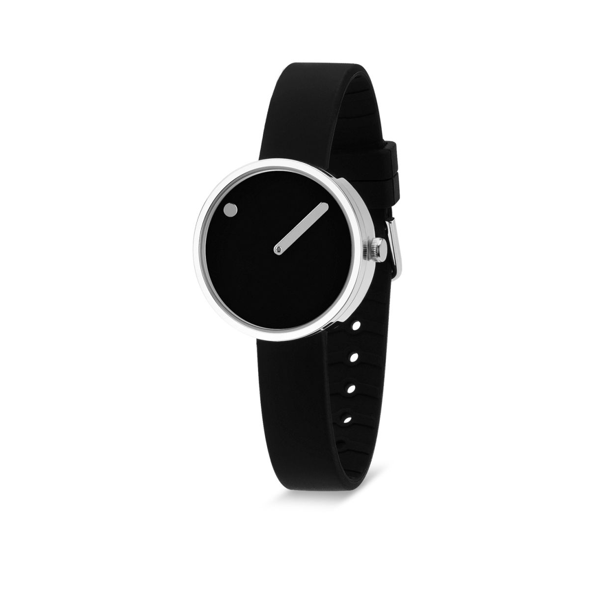 Picto 43369
Dit zilverkleurige Picto dameshorloge met zwarte wijzerplaat heeft een minimalistisch en strak Scandinavisch design. De band van het horloge is van siliconen.

HET MERK
Steen Georg Christensen ontwikkelde samen met Erling Andersen een idee: ze wilden het eerste horloge cre�ren met een roterende wijzerplaat, ge�nspireerd op de middeleeuwse kerkklok. Een stip op de wijzerplaat geeft het uur aan en een wijzer de minuten. Het horloge genaamd �Picto� is vernoemd naar de Picten, een  Keltische stam die bekend stonden om hun gebruik van tatoeages en body paintings. Na de lancering in 1984, werd Picto al snel een sensatie in de internationale design scene. Picto is het merk voor liefhebbers van origineel design.

SPECIFICATIES
- Roterende zwarte wijzerplaat
- Zilverkleurige stalen horlogekast 
- Zilverkleurige tijdsaanduiding
-  � 30 mm
- Zwarte siliconen horlogeband
 
... is officieel dealer van Picto.