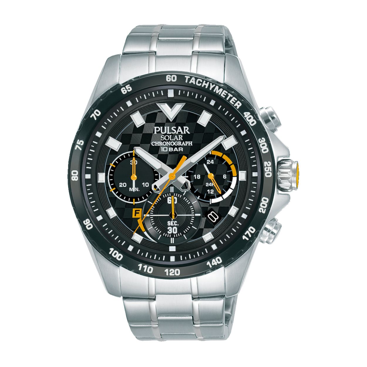 Dit herenhorloge is van het merk Pulsar. Het is een chronograaf horloge gemaakt van staal. De diameter van de kast is 43.5 mm en de kast is 12 mm dik.
De verdere specificaties van het horloge zijn als volgt:
Glassoort: hardlex mineraal glas
Bandbreedte: 20
Kastmateriaal: staal
Waterdichtheid: 10 ATM
Techniek: solar