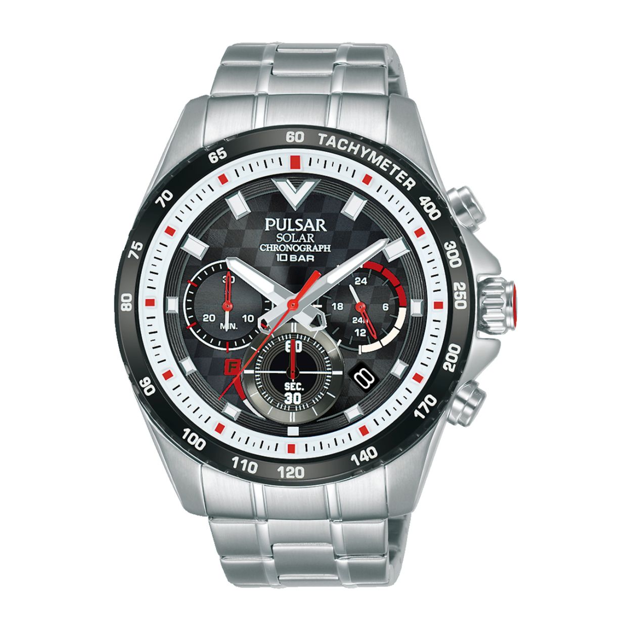 Dit herenhorloge is van het merk Pulsar. Het is een chronograaf horloge gemaakt van staal. De diameter van de kast is 43.5 mm en de kast is 12 mm dik.
De verdere specificaties van het horloge zijn als volgt:
Glassoort: hardlex mineraal glas
Bandbreedte: 21
Kastmateriaal: staal
Waterdichtheid: 10 ATM
Techniek: solar