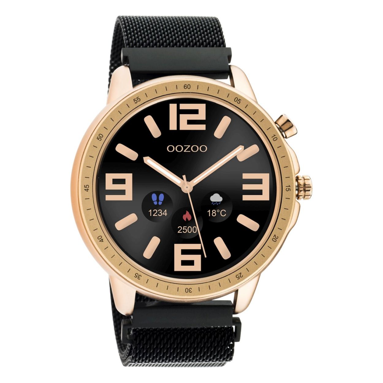 Dit is een prachtige smartwatch van het merk Oozoo met een rosé kast en zwarte band.