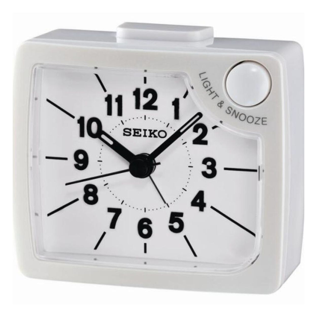 Deze wekker is van het merk Seiko. De wekker heeft een lengte van 76 millimeter, een hoogte van 65 millimeter en een dikte van 35 millimeter. De wekker is wit van kleur.