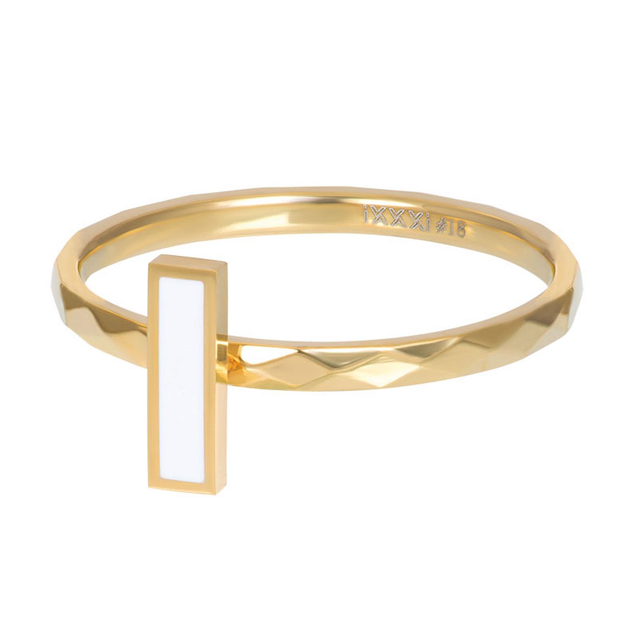 Dit is een vulring van het merk iXXXi met de naam 'Artistic Rectangle'. De maat van dit sieraad is 18. De kleur is goud.