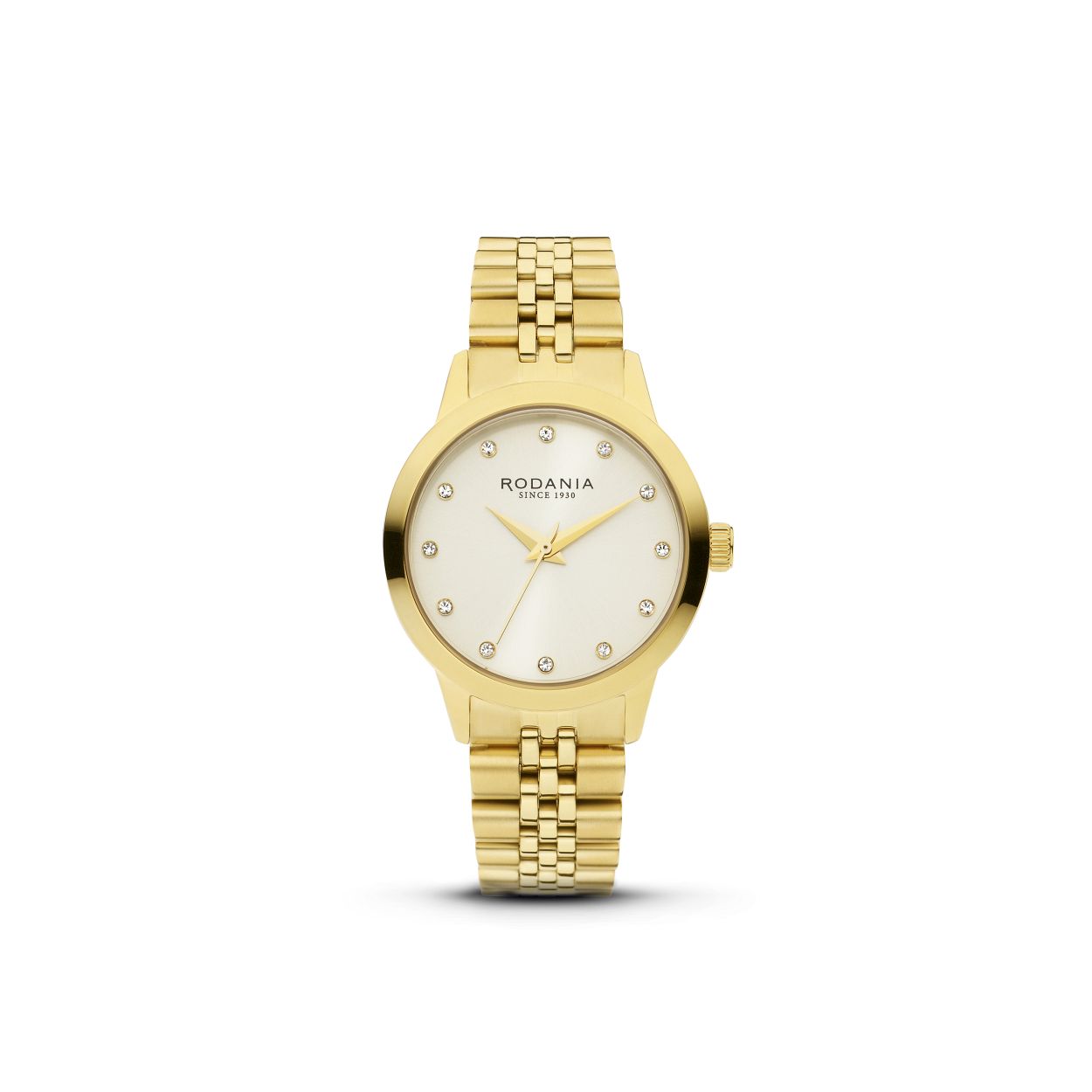 Dit dameshorloge is van het merk Rodania. Het is een horloge gemaakt van edelstaal. De diameter van de kast is30 mm 
De verdere specificaties van het horloge zijn als volgt:
Glassoort: saffierglas
Kastmateriaal: edelstaal
Waterdichtheid: 5 ATM
Kastkleur: Goud
Band materiaal: Edelstaal
Bandkleur: Goud
Wijzerplaatkleur: Goud
Anti allergisch: Nee