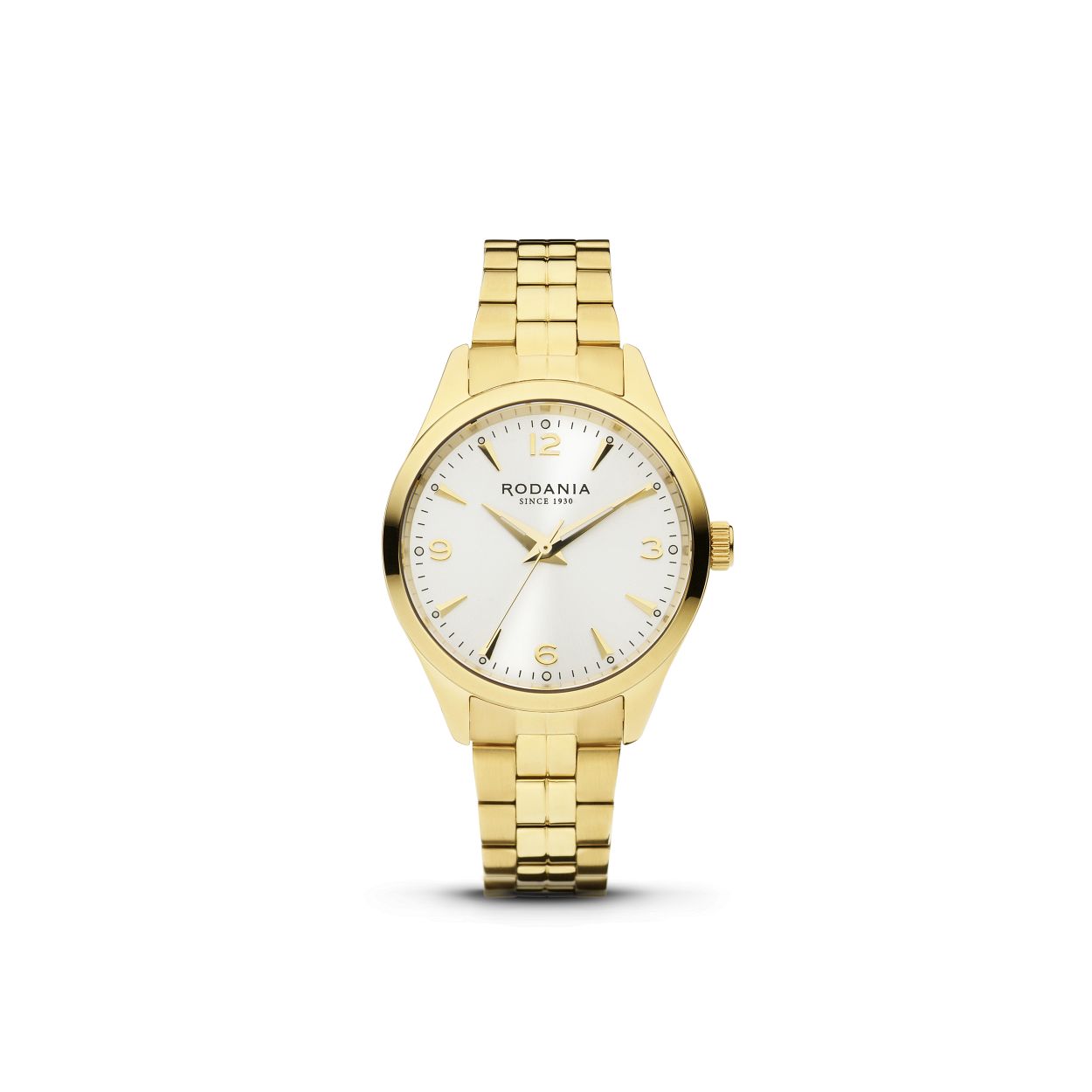 Dit dameshorloge is van het merk Rodania. Het is een horloge gemaakt van edelstaal. De diameter van de kast is30 mm 
De verdere specificaties van het horloge zijn als volgt:
Glassoort: saffierglas
Kastmateriaal: edelstaal
Waterdichtheid: 5 ATM
Kastkleur: Goud
Band materiaal: Edelstaal
Bandkleur: Goud
Wijzerplaatkleur: Zilver
Anti allergisch: Nee
