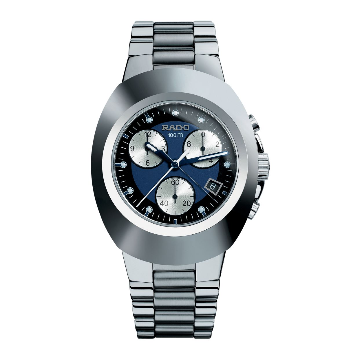 De unieke DiaStar Original heeft een diameter van 38 mm en is waterbestendig tot 100 meter. Dit prachtige horloge wordt omlijst door een ultraglanzend Ceramos™-kapsel met gepolijste hoeken en details over een bijpassende, monochrome roestvrijstalen kast en wordt afgerond met een saffierglas met parallelle strepen en facetten. Specificaties omvatten een blauw geborstelde wijzerplaat met twee richtingen, rhodiumkleurige wijzers met witte Super-LumiNova® en een dag-datumweergave die past bij de kleur van de wijzerplaat. Binnenin biedt het automatische uurwerk Rado R764 met antimagnetische Nivachron™ 80 uur gangreserve. De armband is gemaakt van gepolijst en geborsteld roestvrij staal.