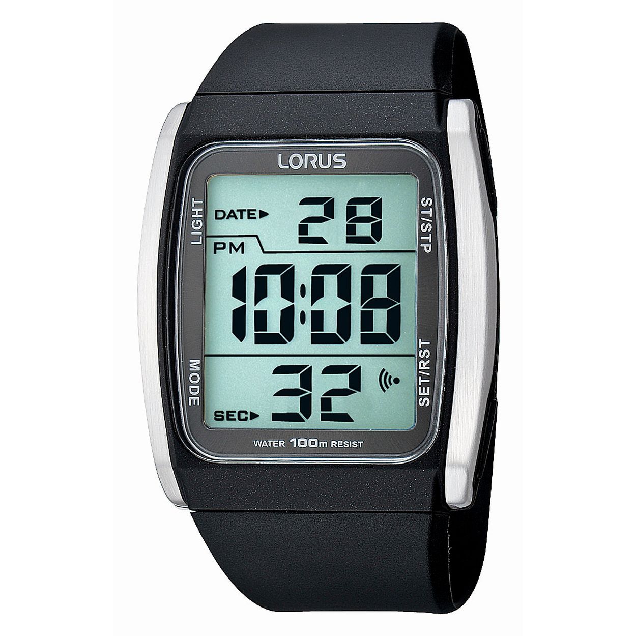 Ontdek het mooie LORUS R2303HX9 horloge voor heren.  Digitaal horloge met zwarte kunststof horlogeband.