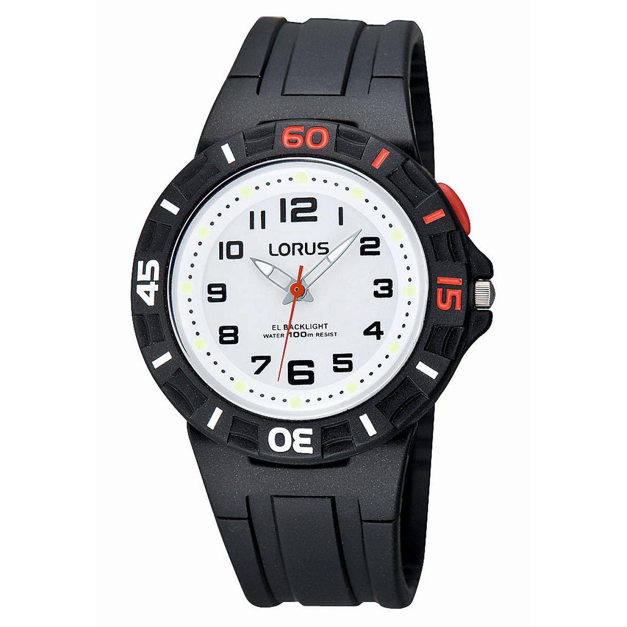 Dit kinderhorloge is van het merk Lorus. Het is een analoog horloge gemaakt van kunststof. De diameter van de kast is 36 mm en de kast is 12.5 mm dik. 

De verdere specificaties van het horloge zijn als volgt: 
Glassoort: mineraal glas 
Bandbreedte: 19
Kastmateriaal: kunststof
Waterdichtheid: 10 ATM 
Techniek: quartz