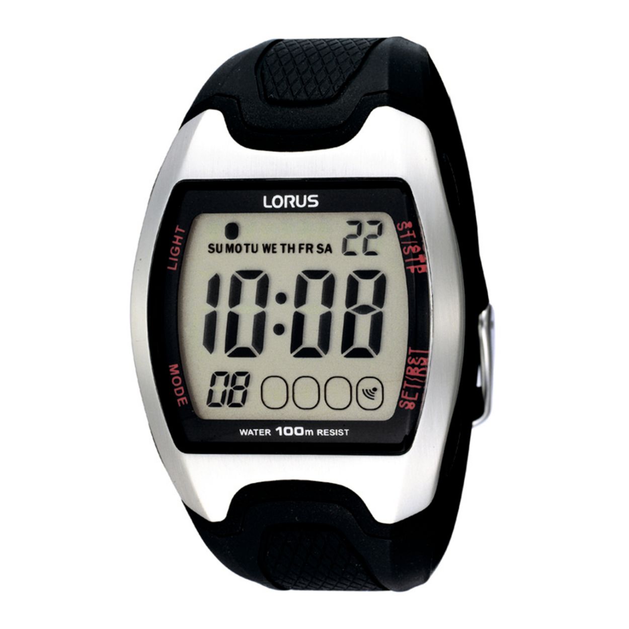 Dit herenhorloge is van het merk Lorus. Het is een digitaal horloge gemaakt van urethaan. De diameter van de kast is  mm en de kast is 13 mm dik.
De verdere specificaties van het horloge zijn als volgt:
Glassoort: hardlex mineraal glas
Gewicht: 44
Kaliber: 
Bandbreedte: 23
Kastmateriaal: kunststof
Kastvorm: tonneau
Kastkleur: zwart
Wijzerplaatkleur: zwart
Bandkleur: zwart
Schroefdeksel: Nee
Lichtgevende wijzers: nee
Lichtgevende index: nee
Type sluiting: gesp
Waterdichtheid: 10 ATM
Techniek: quartz
Datum: ja
