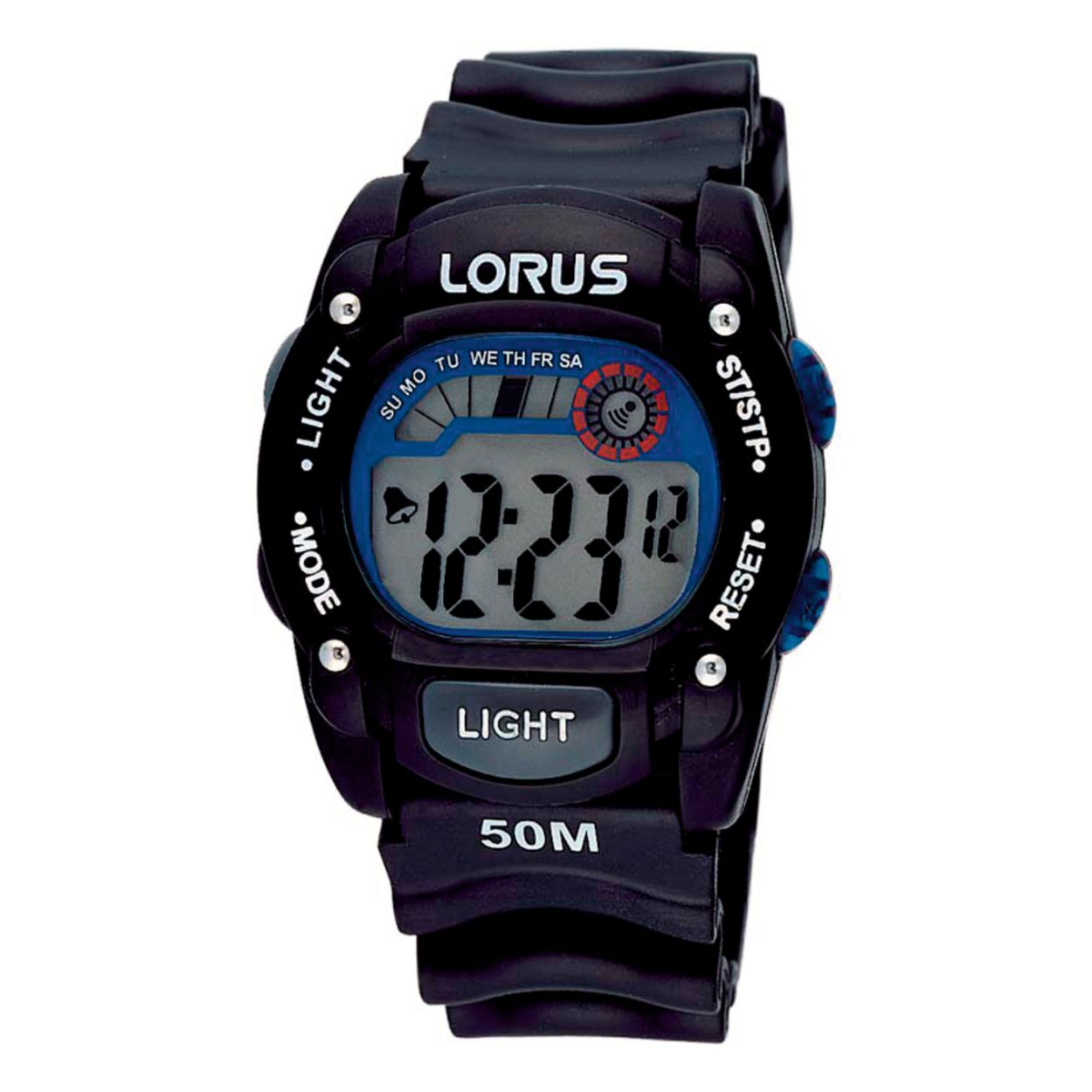 Dit herenhorloge is van het merk Lorus. Het is een digitaal horloge gemaakt van urethaan. De diameter van de kast is 38.5 mm en de kast is 13 mm dik.
De verdere specificaties van het horloge zijn als volgt:
Glassoort: acryl glas
Bandbreedte: 18
Kastmateriaal: kunststof
Waterdichtheid: 5 ATM
Techniek: quartz