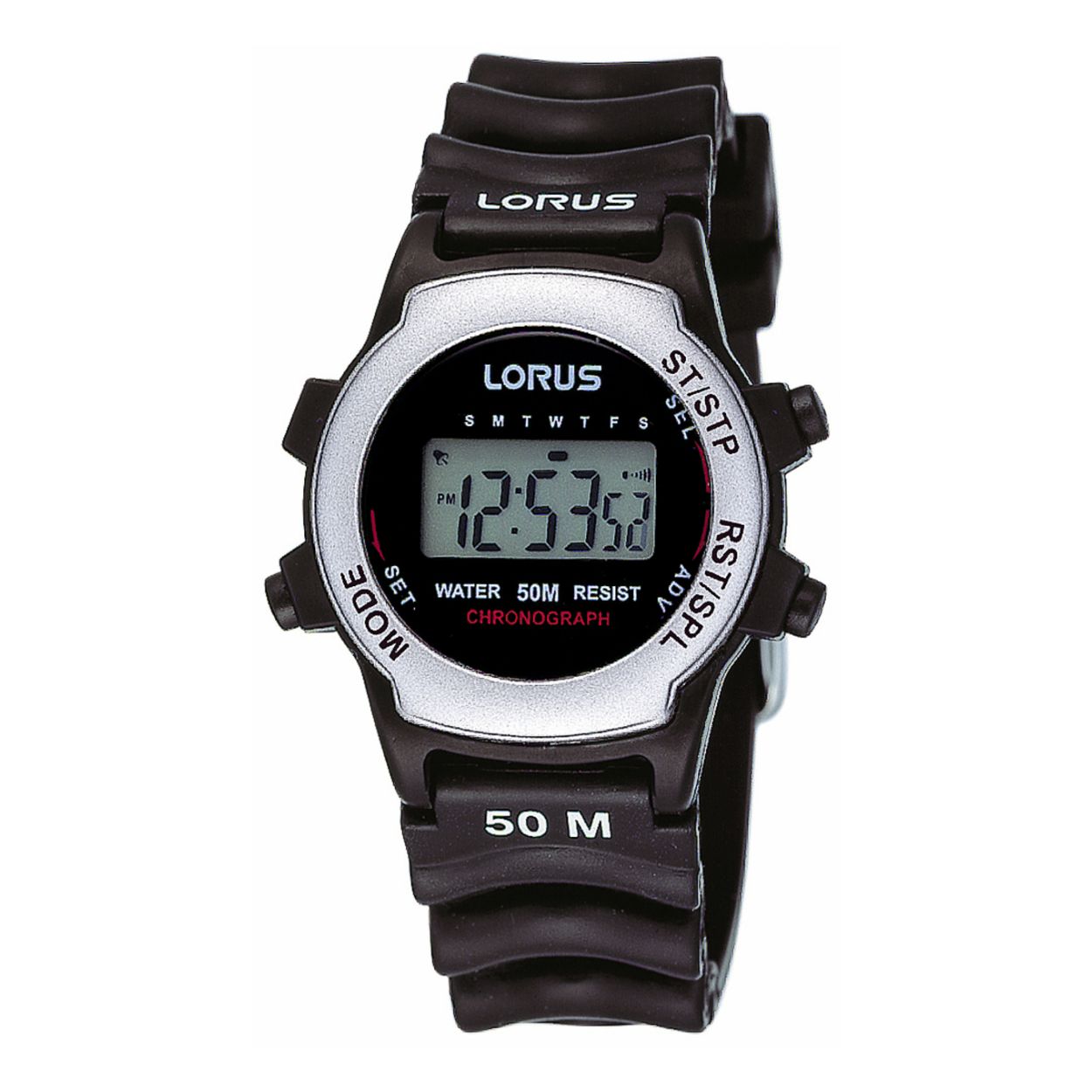 Dit herenhorloge is van het merk Lorus. Het is een digitaal horloge gemaakt van urethaan. De diameter van de kast is 30.5 mm en de kast is 11 mm dik.
De verdere specificaties van het horloge zijn als volgt:
Glassoort: hardlex mineraal glas
Bandbreedte: 18.5
Kastmateriaal: kunststof
Waterdichtheid: 5 ATM
Techniek: quartz