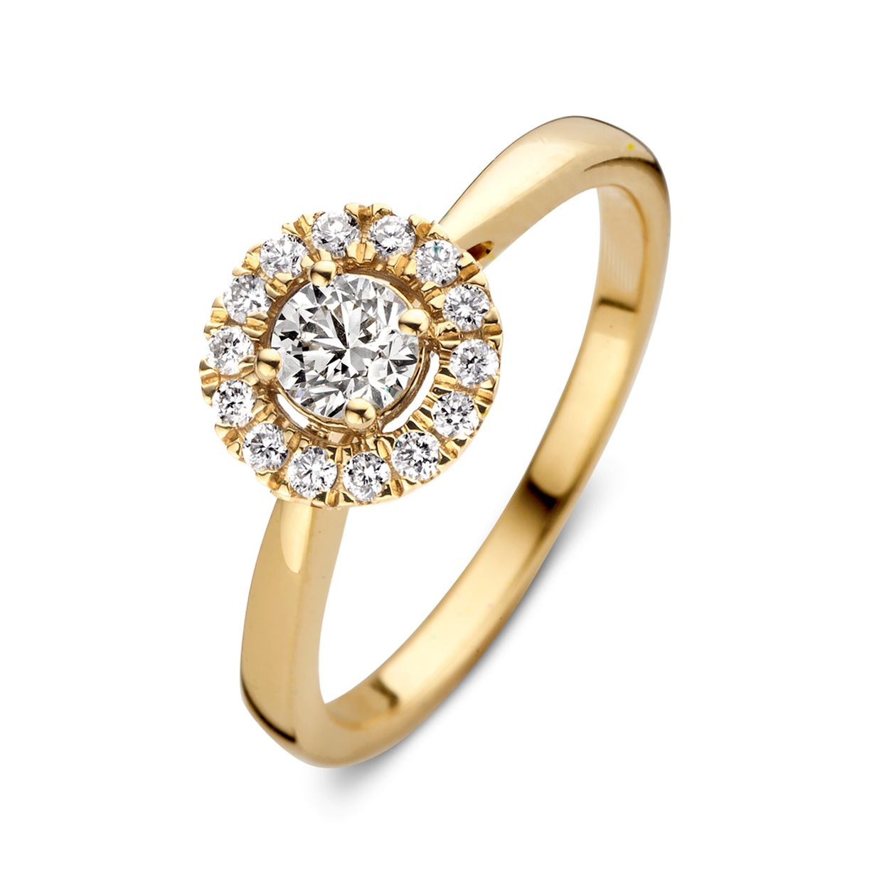18 Karaat geel gouden Aurore ring met 0.50 crt Lab-Grown Diamonds. Model Emma.
Dankzij haar stijlvolle en luxe uitstraling is ring Emma één van onze meest populaire ringmodellen. De ring heeft een schitterende entourage zetting. De ronde middensteen (briljant geslepen) wordt hierbij omringd door kleinere briljanten.  De ring heeft een sierlijke verhoogde zetting, waardoor hij perfect gecombineerd kan worden met een gladde of diamanten rijring. Combineer haar bijvoorbeeld met de verfijnde Millie ring.

Kies zelf de gewenste steengrootte van jouw diamanten. De Emma ring is in verschillende maten en goudkleuren beschikbaar. Bekijk bovendien eens de Emma Royal ring, de luxe uitstraling wordt bij dit model afgemaakt met extra briljanten in de scheen.
De Emma ring onderdeel van een set, in onze collectie zijn bijpassende colliers en oorbellen te vinden