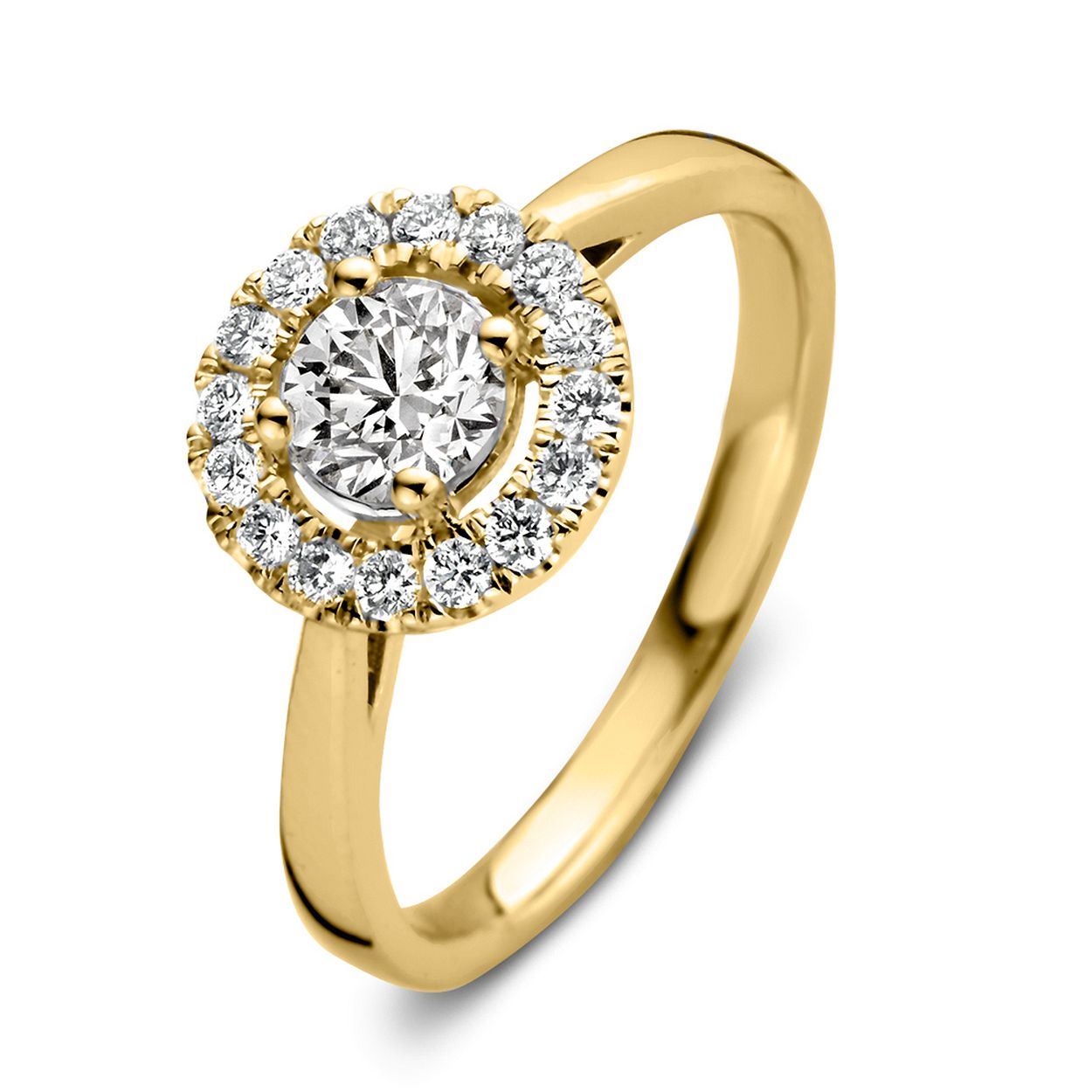 Geelgouden entourage ring 'Emma' met briljant middensteen (0,50 crt.) gemaakt van 18 karaat gerecycled goud.