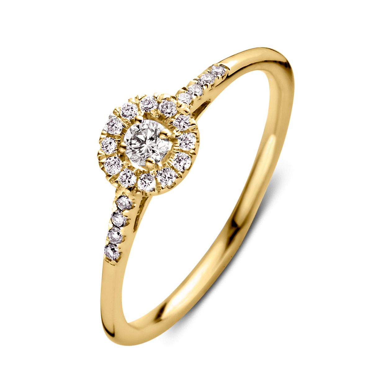 Aurore 18 krt geel gouden entourage ring met zijstenen 0.20 crt  lab grown diamanten. Middensteen 0.08 crt lab grown diamant.
