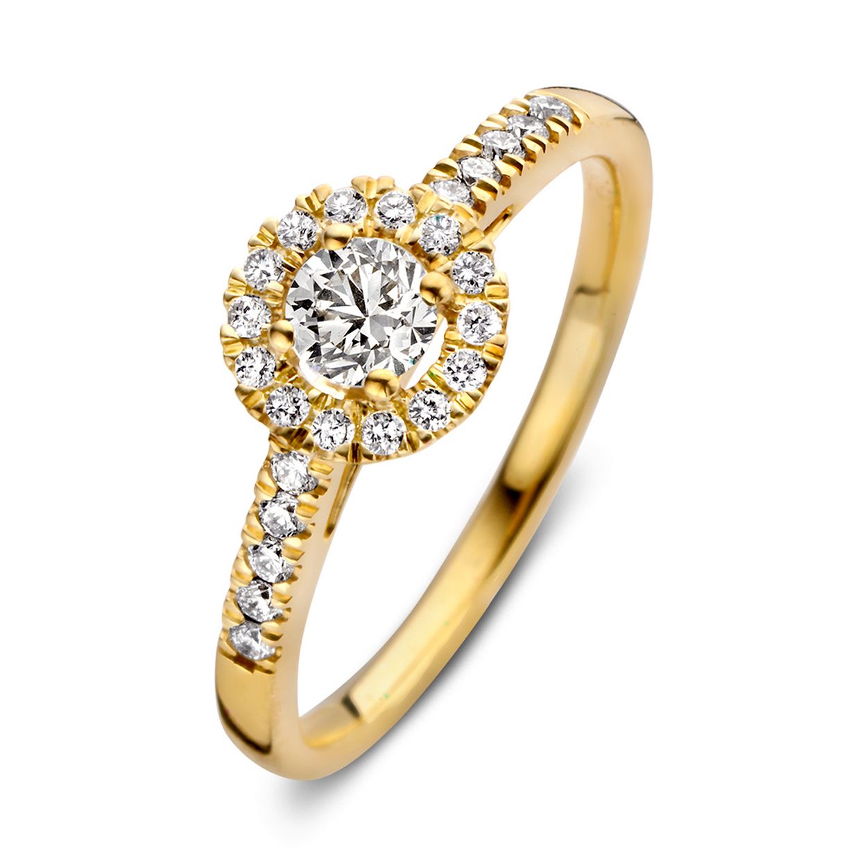 18 Karaat geel gouden Aurore ring met 0.50 crt Lab-Grown Diamonds. Model Emma Royal.
Dankzij haar stijlvolle en luxe uitstraling is ring Emma één van onze meest populaire ringmodellen. De ring heeft een schitterende entourage zetting. De ronde middensteen (briljant geslepen) wordt hierbij omringd door kleinere briljanten.  De zijstenen in de scheen maken het plaatje van deze luxe ring compleet! De ring heeft een sierlijke verhoogde zetting, waardoor hij perfect gecombineerd kan worden met een gladde of diamanten rijring. Combineer haar bijvoorbeeld met de verfijnde Millie ring.
Kies zelf de gewenste steengrootte van jouw diamanten. De Emma Royal ring is in verschillende maten en goudkleuren beschikbaar. Bekijk bovendien eens de Emma ring, met gladde gouden scheen.
De Emma Royal ring onderdeel van een set, in onze collectie zijn bijpassende colliers en oorbellen te vinden. 