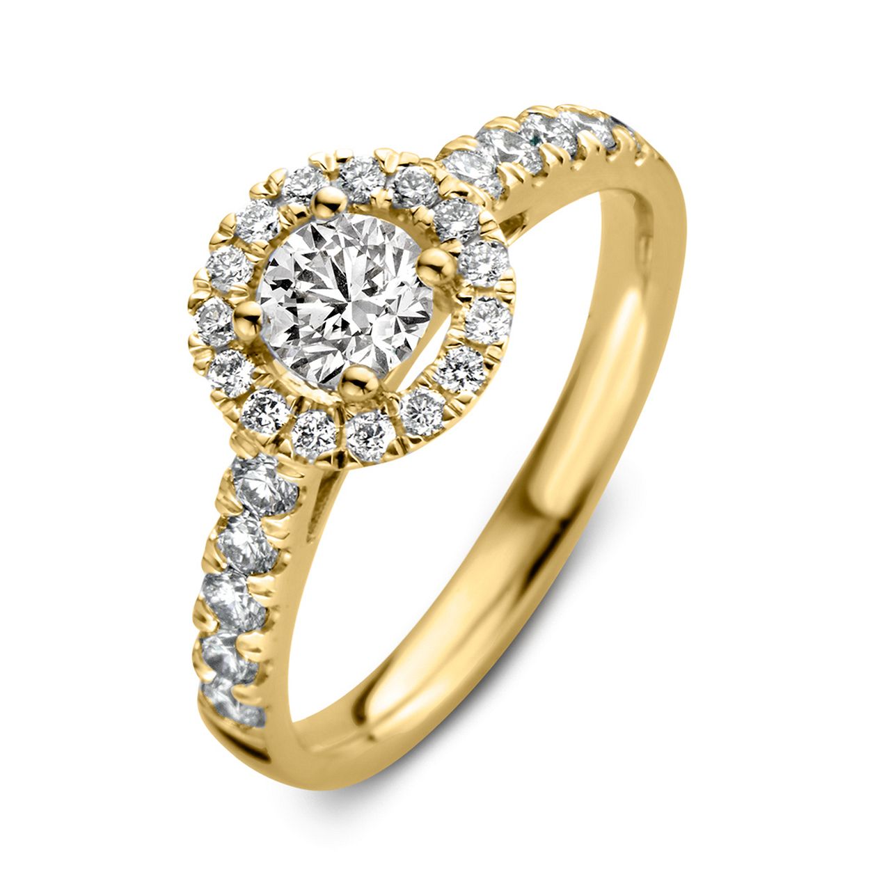 Geelgouden entourage ring 'Emma' met briljant middensteen (0,50 crt.) en zijstenen gemaakt van 18 karaat gerecycled goud.