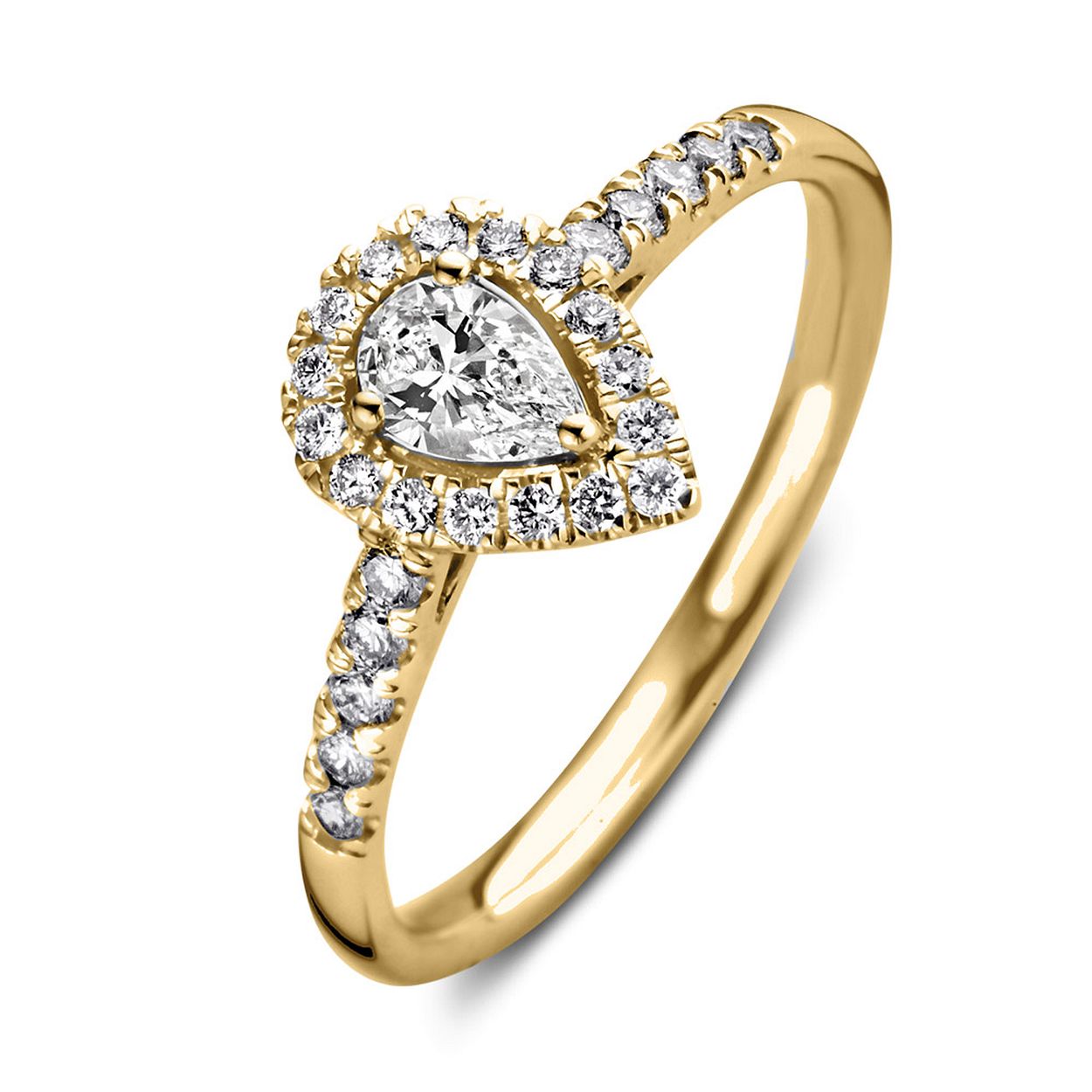 18 Karaat geelgouden Aurore ring met 0.50 crt Lab-Grown Diamonds. Model Elin.
Een echte eyecatcher binnen de collectie is deze peervormige Elin ring! De fancy cut diamant is geslepen in peervorm en valt dan ook onmiddellijk op. De middensteen is bovendien omringd door kleinere briljant geslepen diamant voor een extra wauw-factor. Ook de scheen van de ring bevat fijne, fonkelende diamanten, wat de luxe uitstraling helemaal compleet maakt. De ring heeft een sierlijke verhoogde zetting, waardoor hij perfect gecombineerd kan worden met een gladde of diamanten rijring. Wat dacht je bijvoorbeeld van onze Millie ring?
Kies zelf de gewenste steengrootte van jouw diamanten. De Elin ring is in verschillende maten en goudkleuren beschikbaar. 