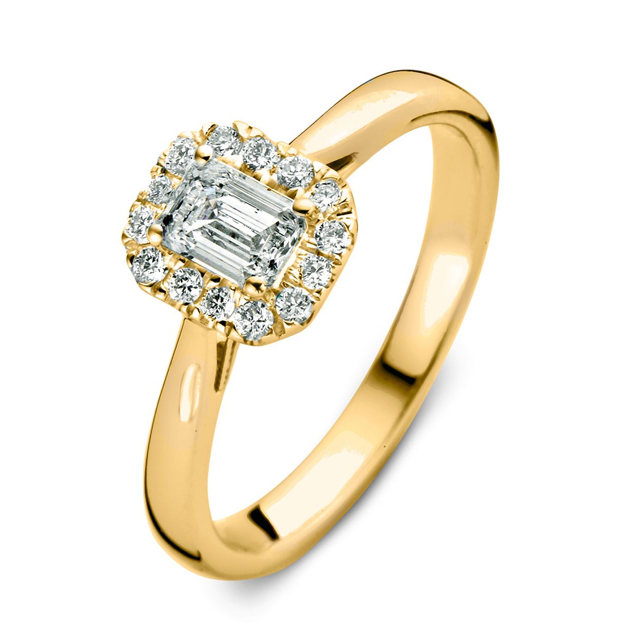 Aurore 18 krt geel gouden ring met 0.50 crt Emarald middensteen lab grown diamant. Totaal gewicht diamant 0.66 crt lab grown diamant.