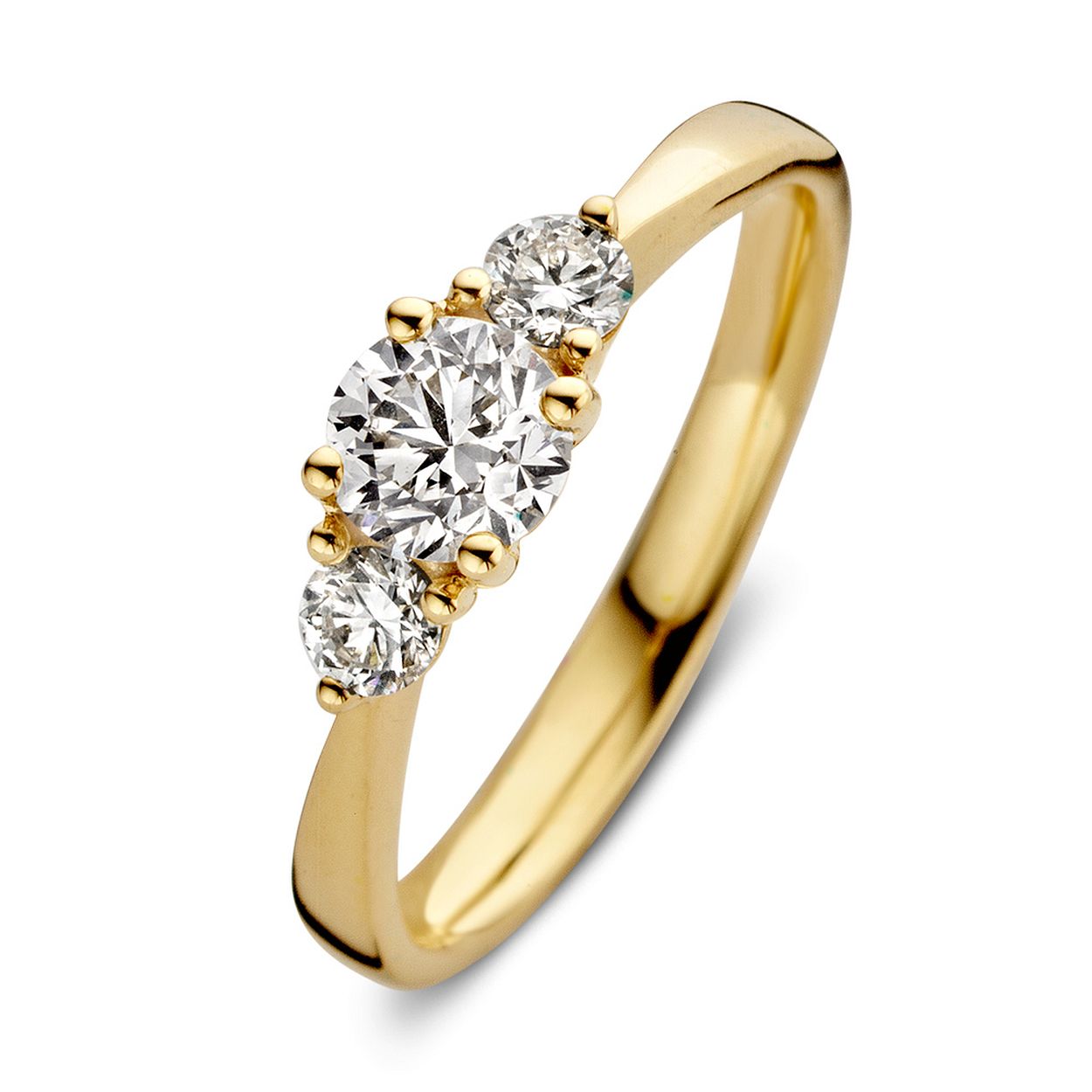 Aurore - Geelgouden driesteens ring 'Alix' (middensteen 0,50 crt.) gemaakt van 18 karaat gerecycled goud. maat53