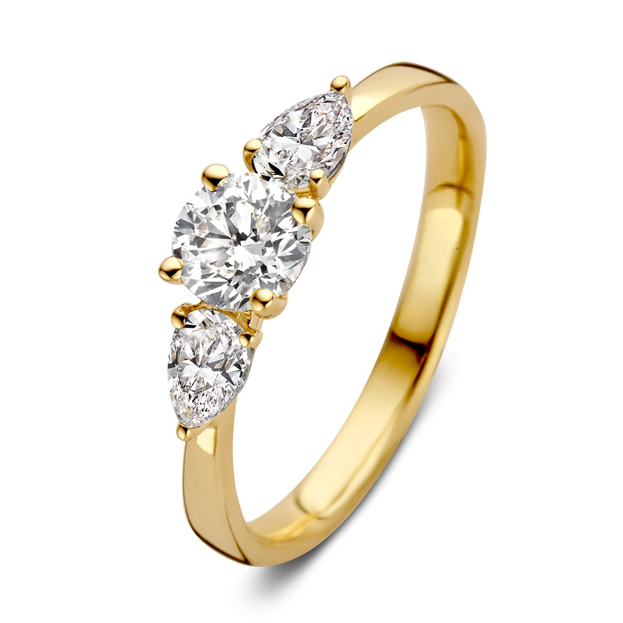 Geelgouden driesteens ring 'Evie' (middensteen 0,50 crt.) gemaakt van 18 karaat gerecycled goud.