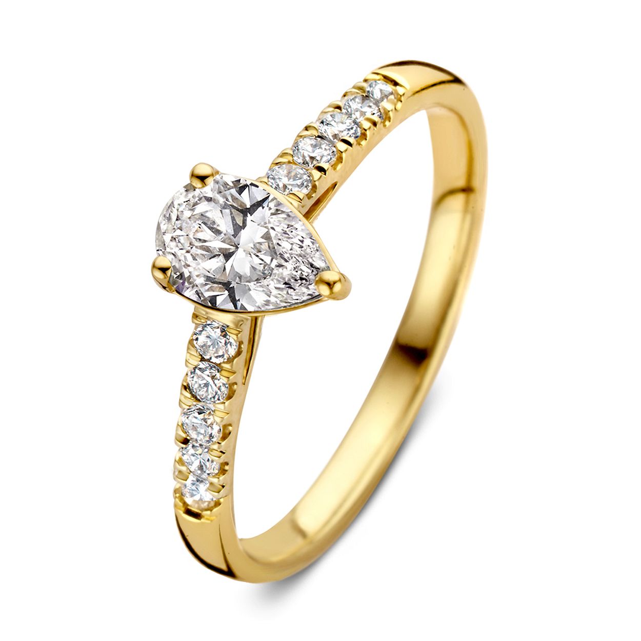 Geelgouden ring 'Ava Royal' met peer middensteen (0,30 crt.) en zijstenen gemaakt van 18 karaat gerecycled goud.