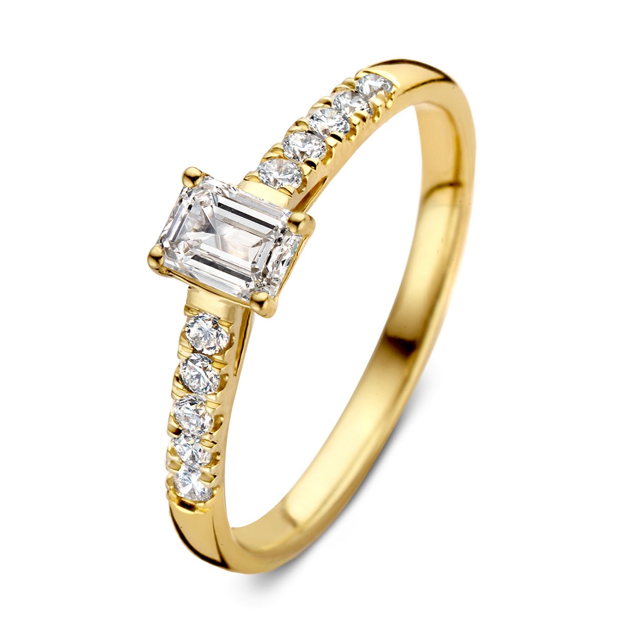 Aurore 18 krt geel gouden solitair ring 'Nora Royal' met zijstenen. De middensteen 0.30 crt emerald  lab grown diamant, 10 briljant geslepen zijstenen lab grown diamant 0,18 crt
