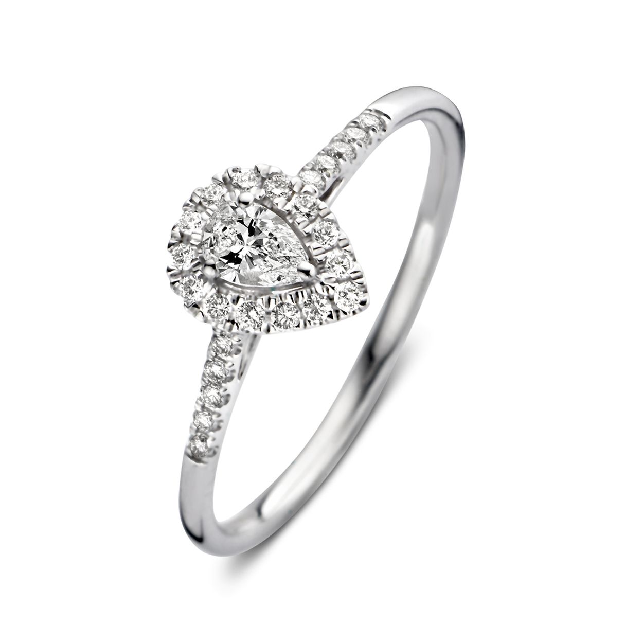 18 Karaat wit gouden Aurore ring met 0.30 crt Lab-Grown Diamonds. Model Elin Royal.
Een echte eyecatcher binnen de collectie is deze peervormige Elin ring! De fancy cut diamant is geslepen in peervorm en valt dan ook onmiddellijk op. De middensteen is bovendien omringd door kleinere briljant geslepen diamant voor een extra wauw-factor. Ook de scheen van de ring bevat fijne, fonkelende diamanten, wat de luxe uitstraling helemaal compleet maakt. De ring heeft een sierlijke verhoogde zetting, waardoor hij perfect gecombineerd kan worden met een gladde of diamanten rijring. Wat dacht je bijvoorbeeld van onze Millie ring?
Kies zelf de gewenste steengrootte van jouw diamanten. De Elin ring is in verschillende maten en goudkleuren beschikbaar. 