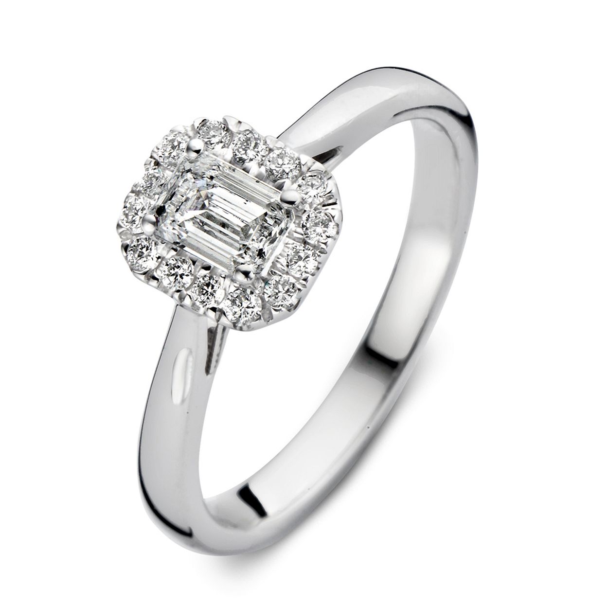 18 Karaat wit gouden Aurore ring met 0.66 crt Lab-Grown Diamonds. Model Ivy.
Ring Ivy is dankzij de prachtige emerald geslepen middensteen een echte showstopper! De opvallende middensteen wordt omringd door fijne briljanten voor een extra luxe uitstraling. De ring heeft een licht verhoogde zetting, waardoor hij perfect gecombineerd kan worden met een gladde of diamanten rijring. Combineer haar bijvoorbeeld met de verfijnde Millie ring.
Kies zelf de gewenste steengrootte van jouw diamanten. Ring Ivy is in verschillende maten en goudkleuren beschikbaar. Bekijk bovendien eens de Ivy Royal ring, waarbij ook de scheen is gezet met briljant geslepen diamanten.