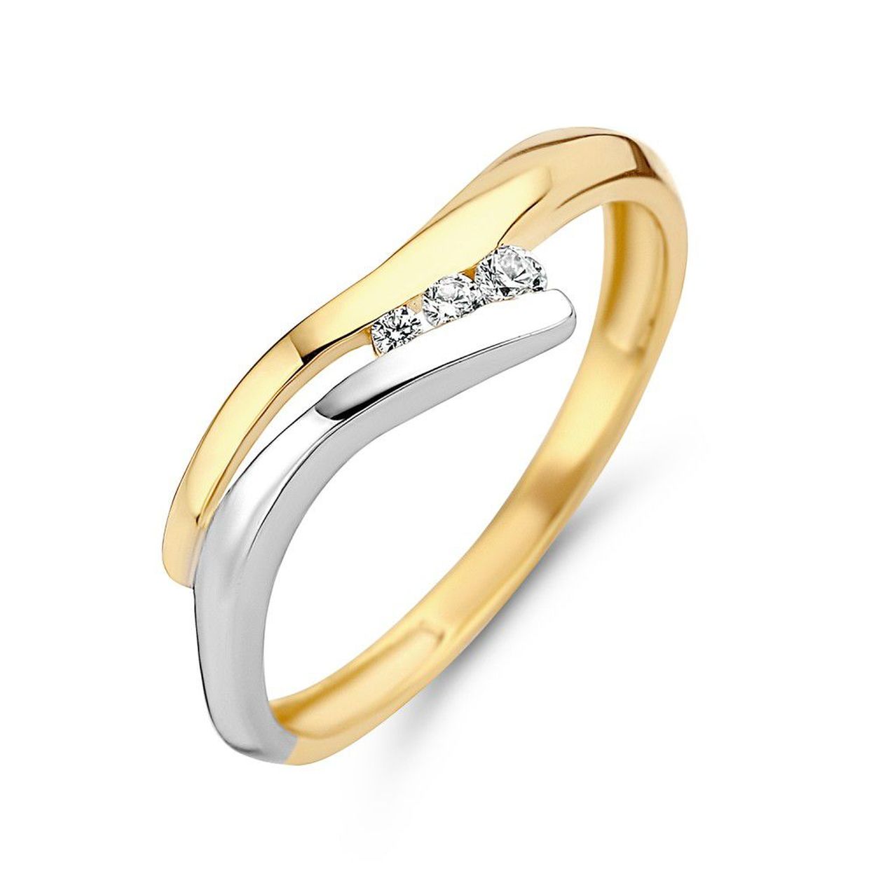 14 karaats bicolor gouden damesring met zirkonia's
Ringmaat 56 maar uiteraard te bestellen in elke gewenste maat.