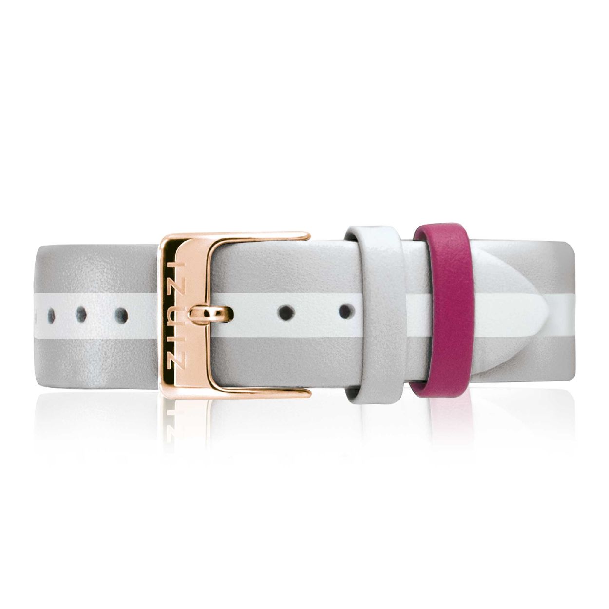 ZINZI Retro leren horlogeband grijs wit gestreept stalen rosegoudkleurige sluiting 18mm RETBAND40