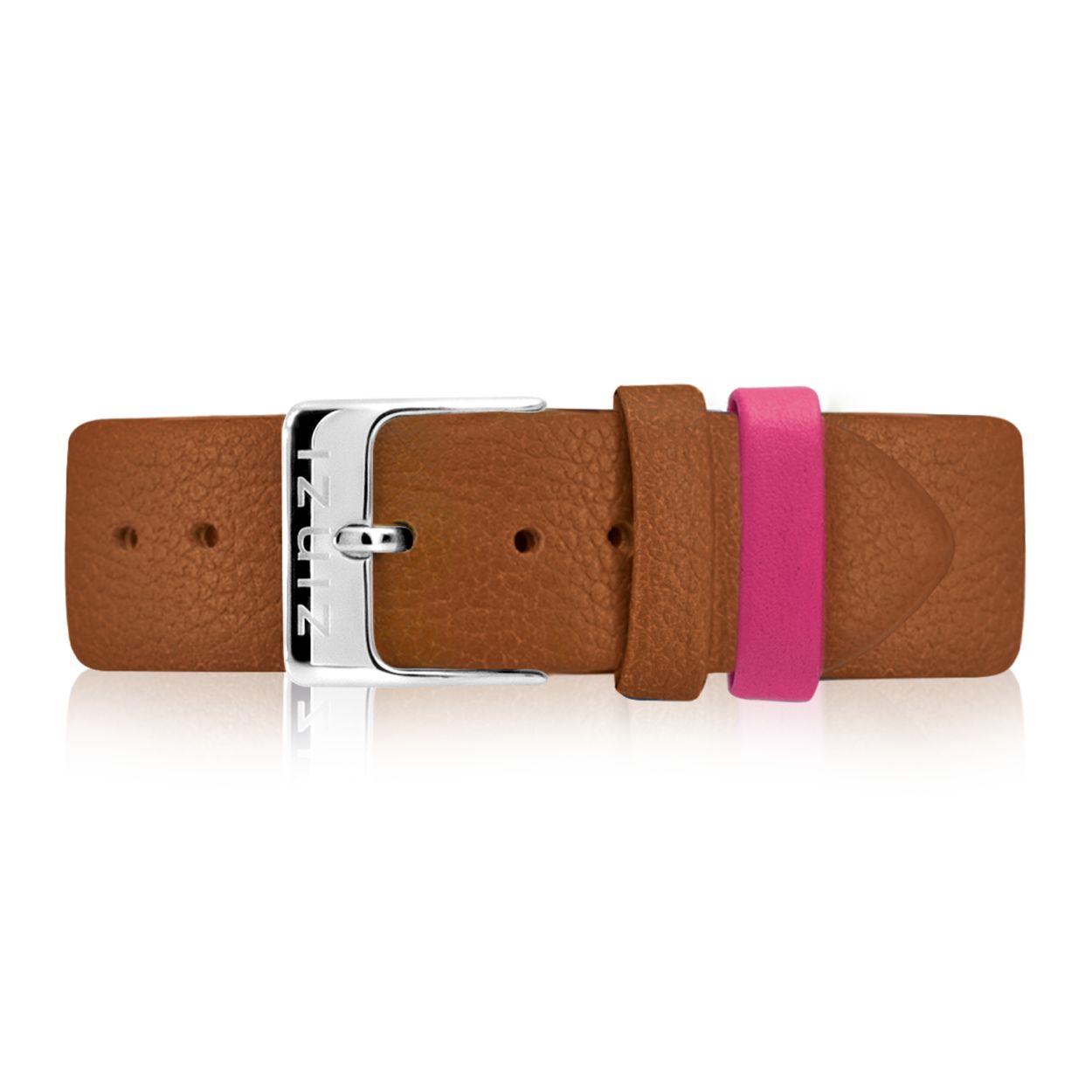 Cognac bruine leren band met stalen zilvergekleurde sluiting. Passend aan het Zinzi Retro, Roman en Traveller horloge. Aanzet 18mm breed. De verwisselbare leren band is eenvoudig te verwisselen door het handige schuifsysteem aan de achterkant. Stem de kleur van de band af op je 'mood' van de dag. De binnenkant van de band is Zinzi roze, zodat je al vrolijk wordt bij het omdoen. Een strakke uitstraling omdat de stiksels niet zichtbaar zijn.