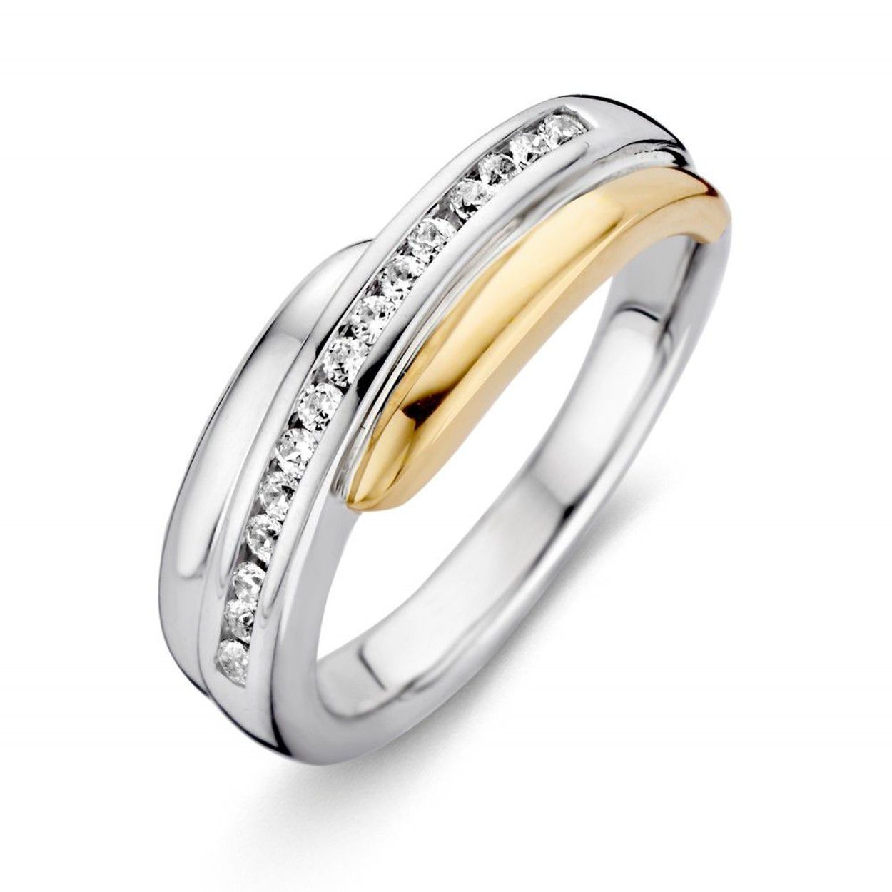 Dit is een Excellent Jewelry product, ring zilver/14 karaat goud en zirkonia