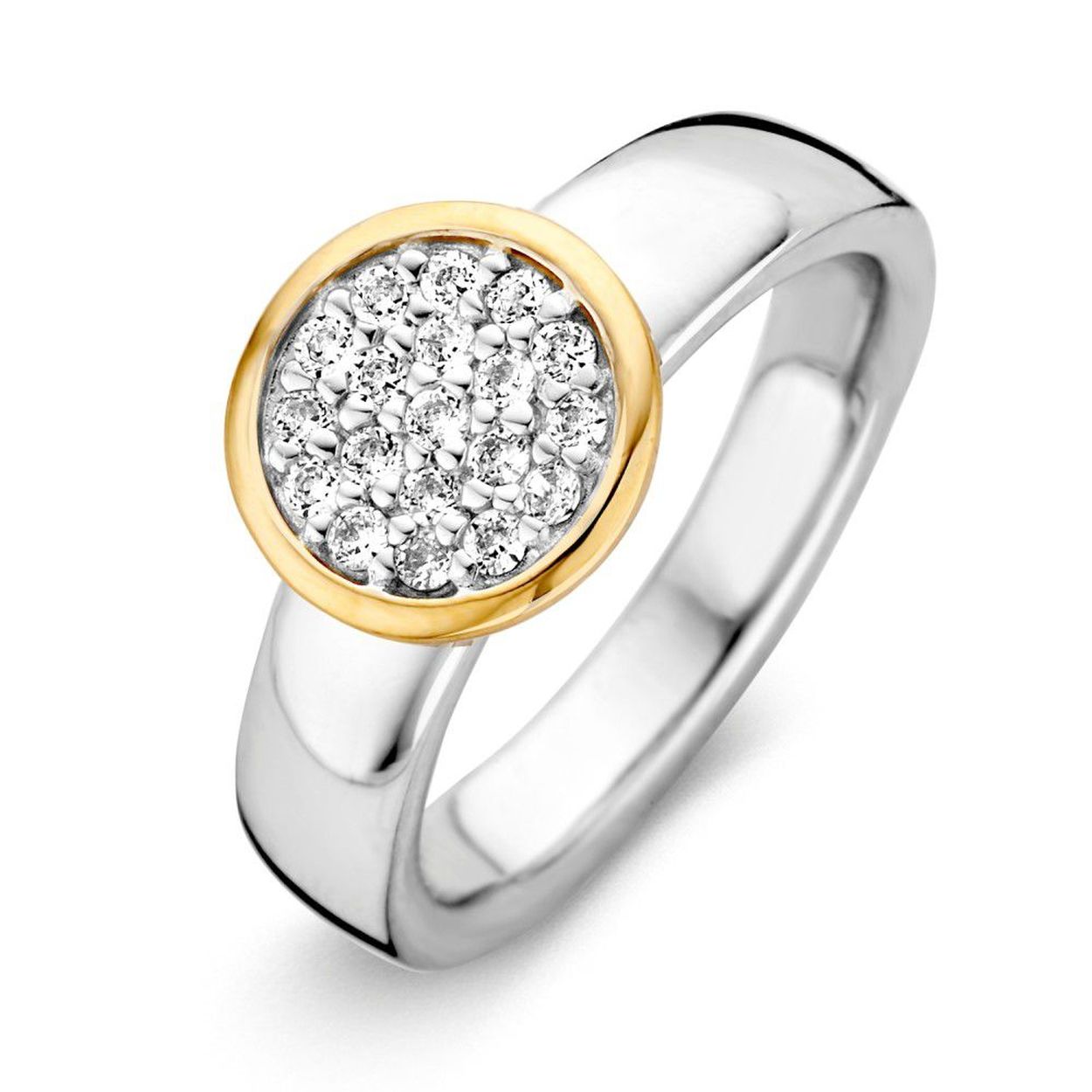 Gerhodineerde, zilveren ring met 14 karaat goud (geen oplaag) en zirkonia's.

De ring is maat 16,5 (52), heeft u interesse in een andere maat? Neem dan contact met ons op.