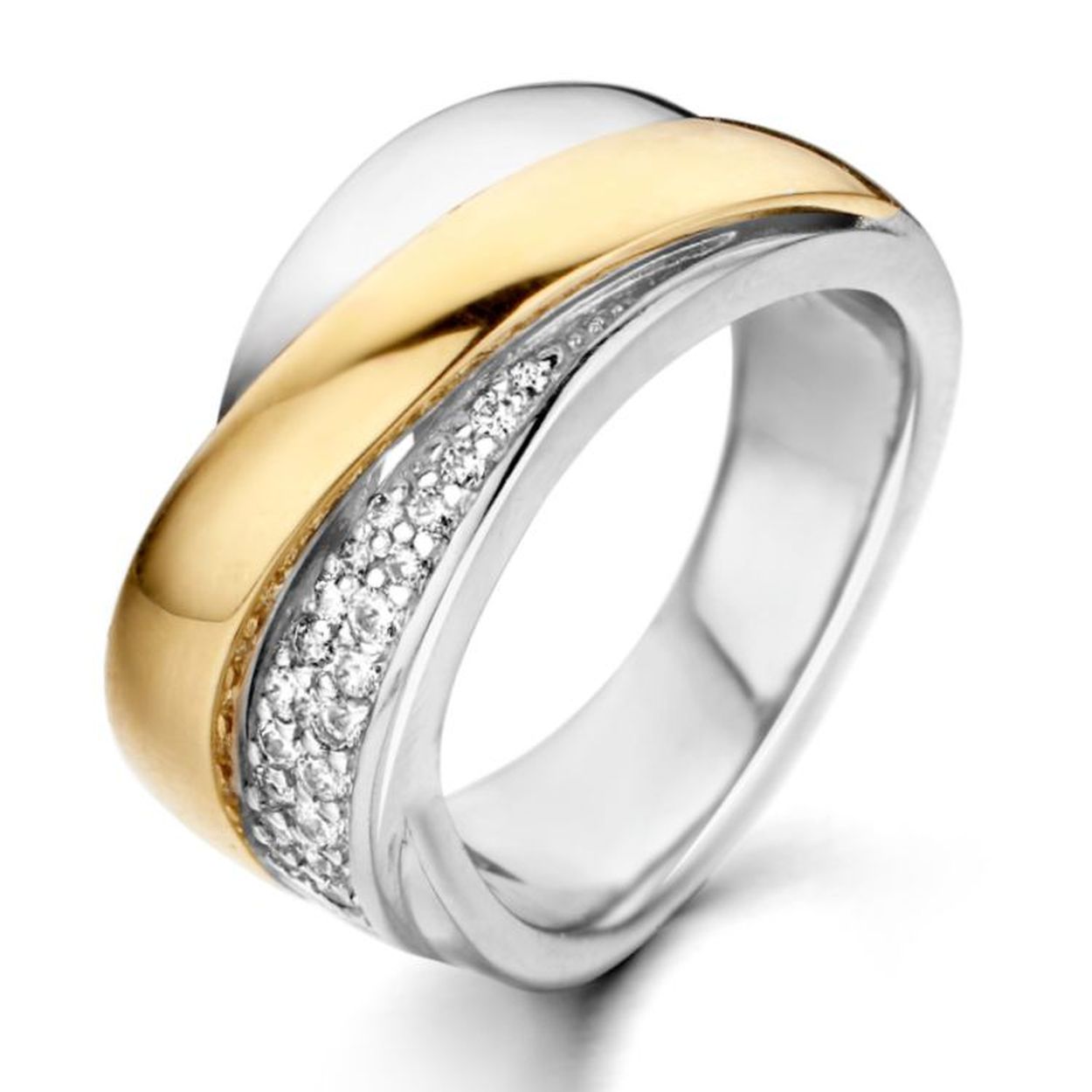 Gerhodineerde, zilveren ring met 14 karaat goud (geen oplaag) en zirkonia's. 
De ring is maat 60, heeft u interesse in een andere maat? Neem dan contact met ons op.