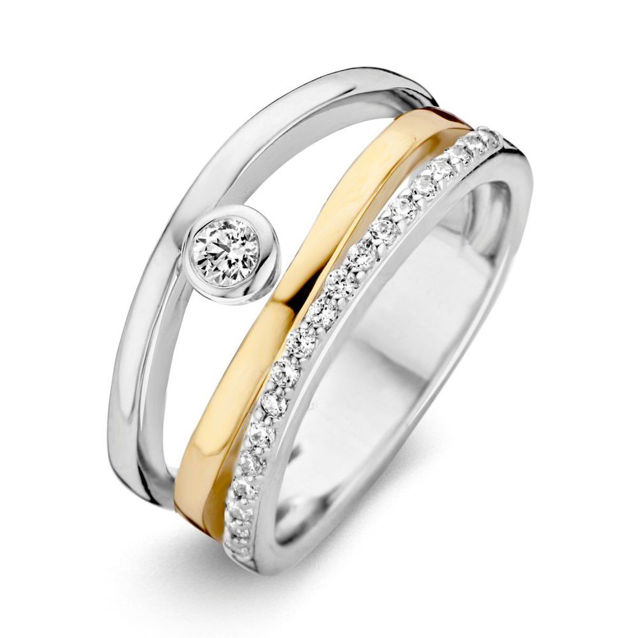 Gerhodineerde, zilveren ring met 14 karaat goud (geen oplaag)  en zirkonia's.

De ring is maat 16,5 (52), heeft u interesse in een andere maat? Neem dan contact met ons op.