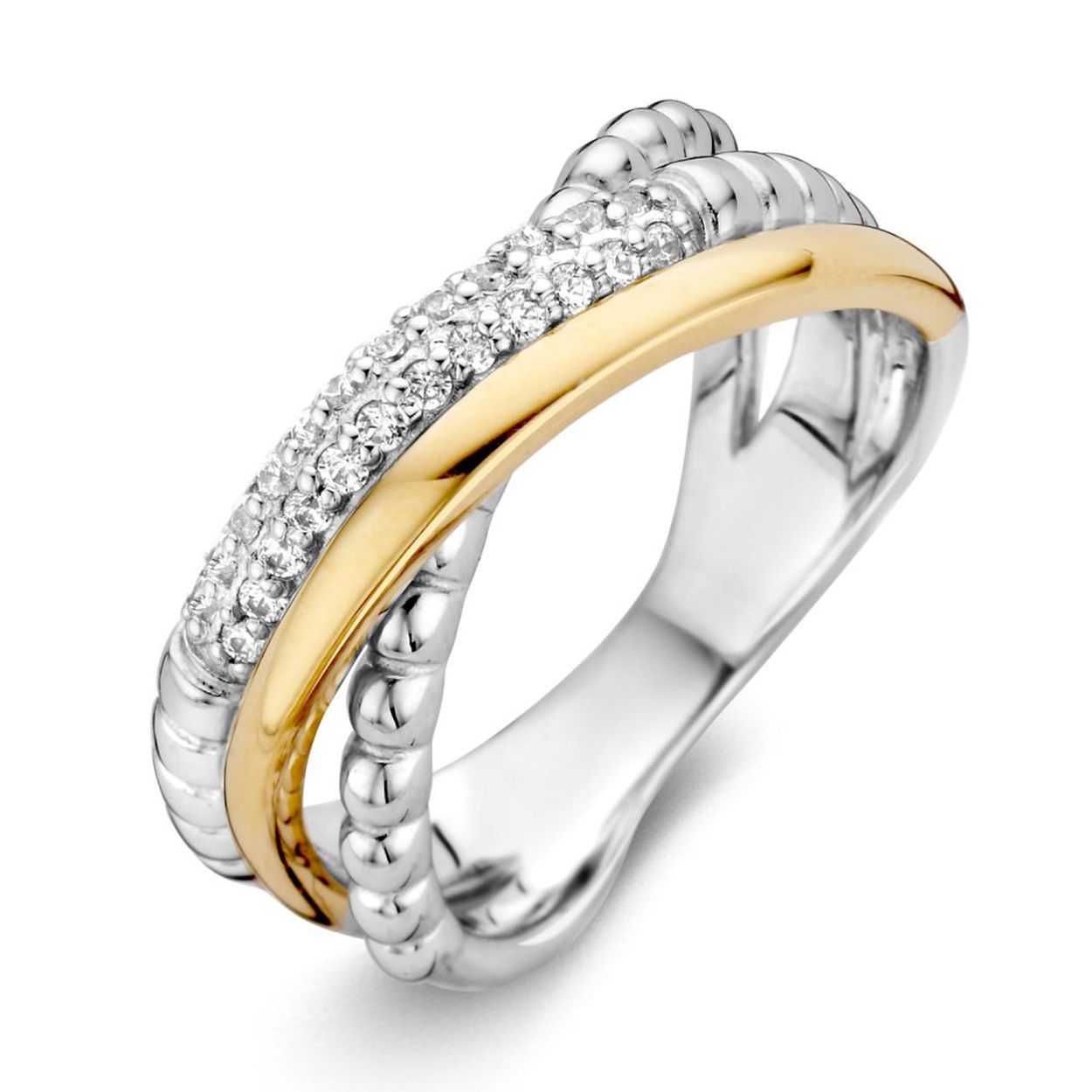 Gerhodineerde, zilveren ring met 14 karaat goud (geen oplaag) en zirkonia's.

De ring is maat 56, heeft u interesse in een andere maat? Neem dan contact met ons op.