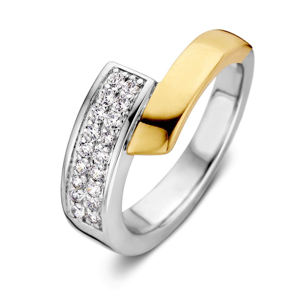 Dit is een Excellent Jewelry product, ring zilver/14 karaat goud en zirkonia
