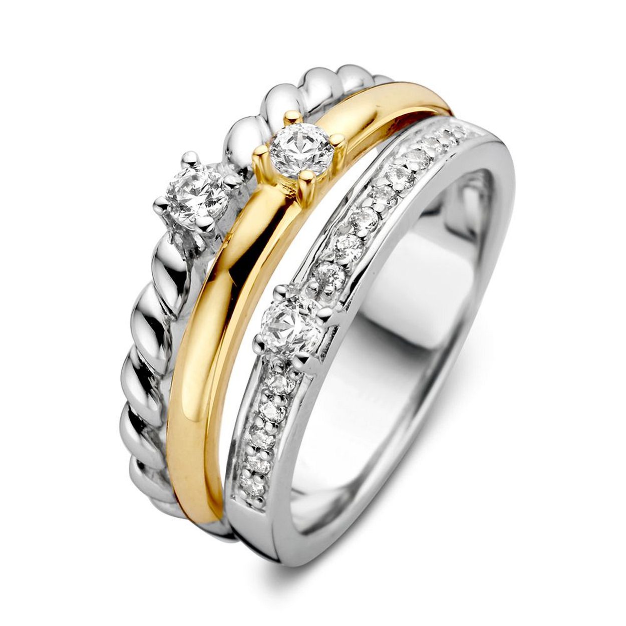 Gerhodineerde, zilveren damesring met 14 karaat goud (geen oplaag) en zirkonia's. De maat van de ring is 17.75 (56), heeft u interesse in een andere maat? Neem dan contact met ons op.