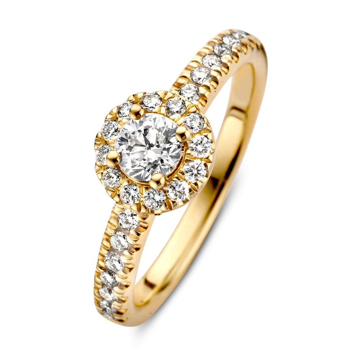 Een prachtige klassieke entourage ring met 0,32 crt. middensteen. Bij deze luxe versie zijn er bovendien briljant geslepen diamanten in de scheen gezet. totaal 0.62crt briljant
 
