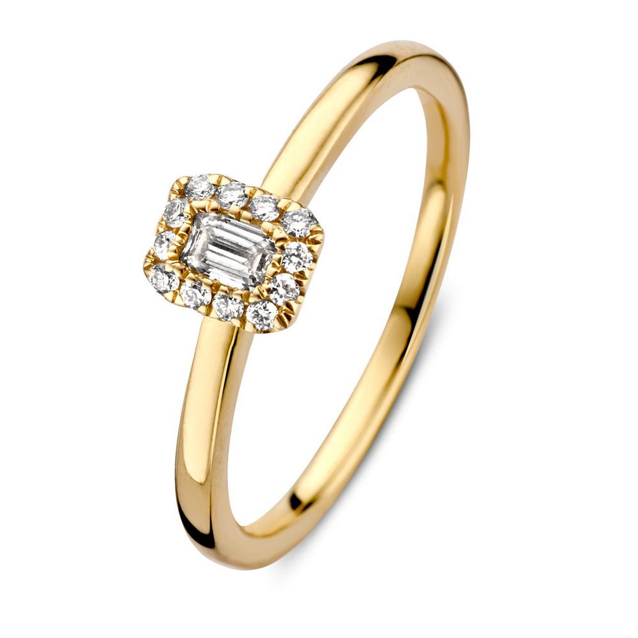 Stijlvolle geelgouden ring met een emerald diamant als middensteen. De opvallende emerald diamant wordt omringd door fijne briljant geslepen diamanten.
 
Middensteen 0.15 crt