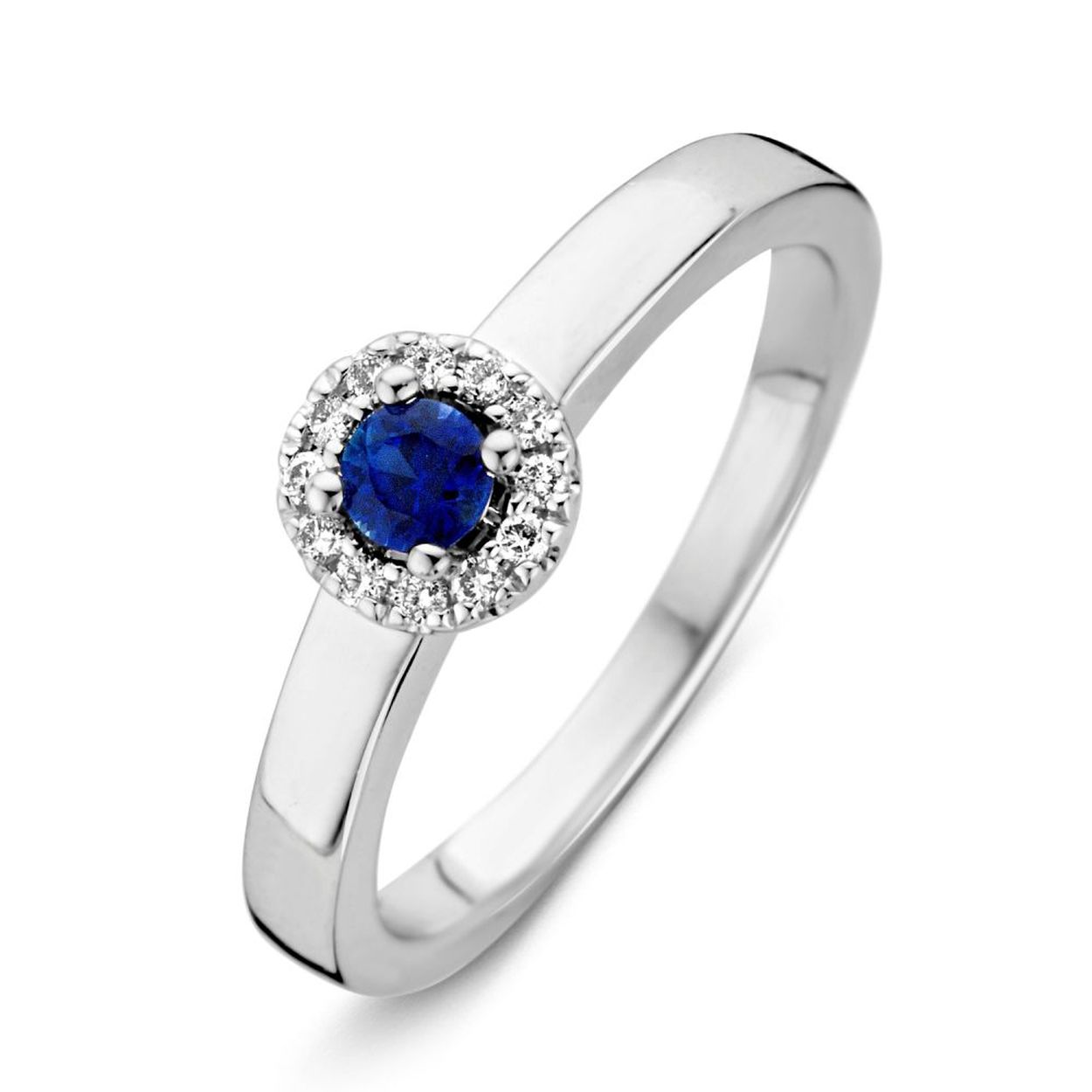 Ring witgoud briljant en saffier Maat 56